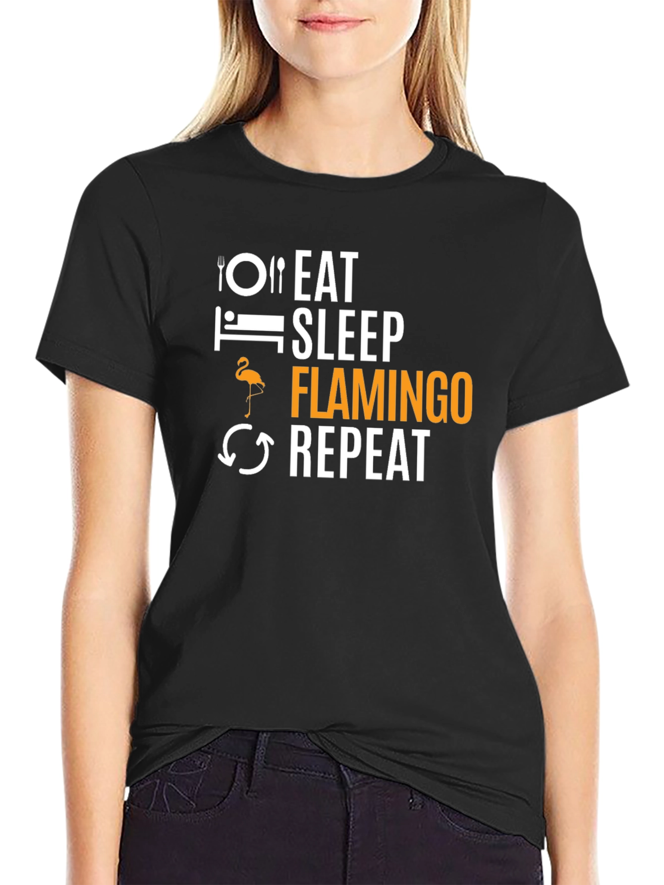 Eat Sleep Flamingo Repeat Black T-Shirt