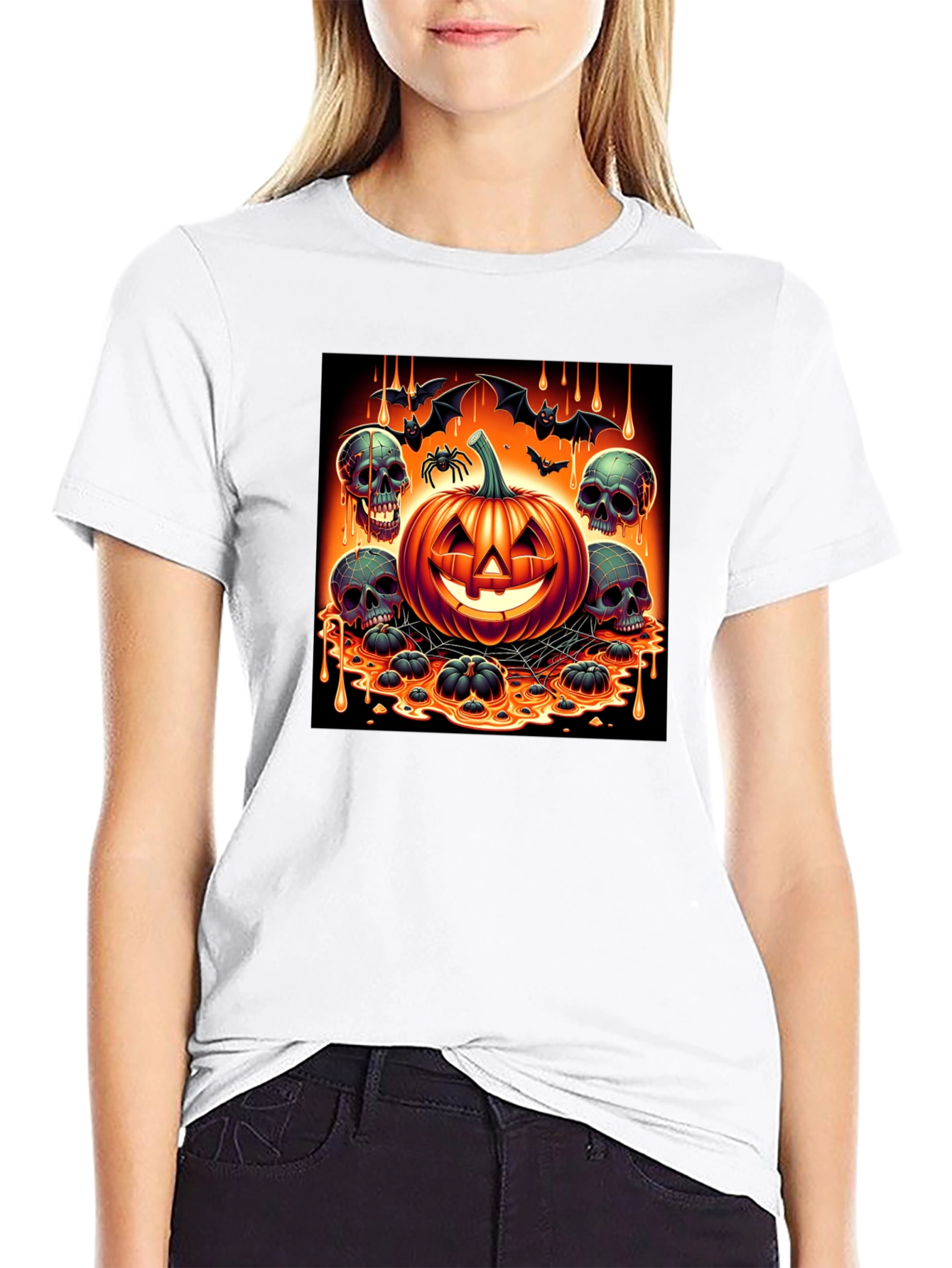 Halloween Pumpkin & Skulls Graphic T-Shirt