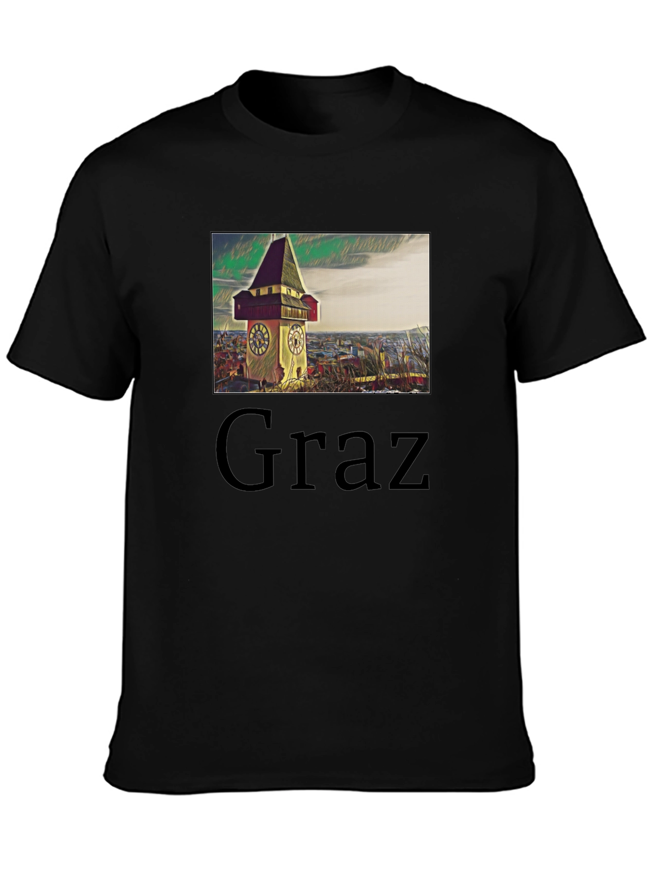 Graz Austria Clock Tower Graphic Tee - Black Cotton