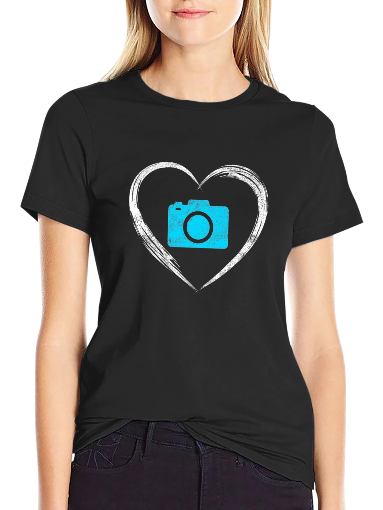 Camera Heart Graphic Black T-Shirt