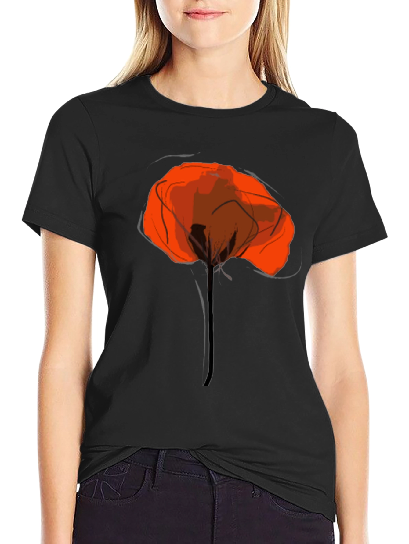 Abstract Poppy Graphic Print Black T-Shirt