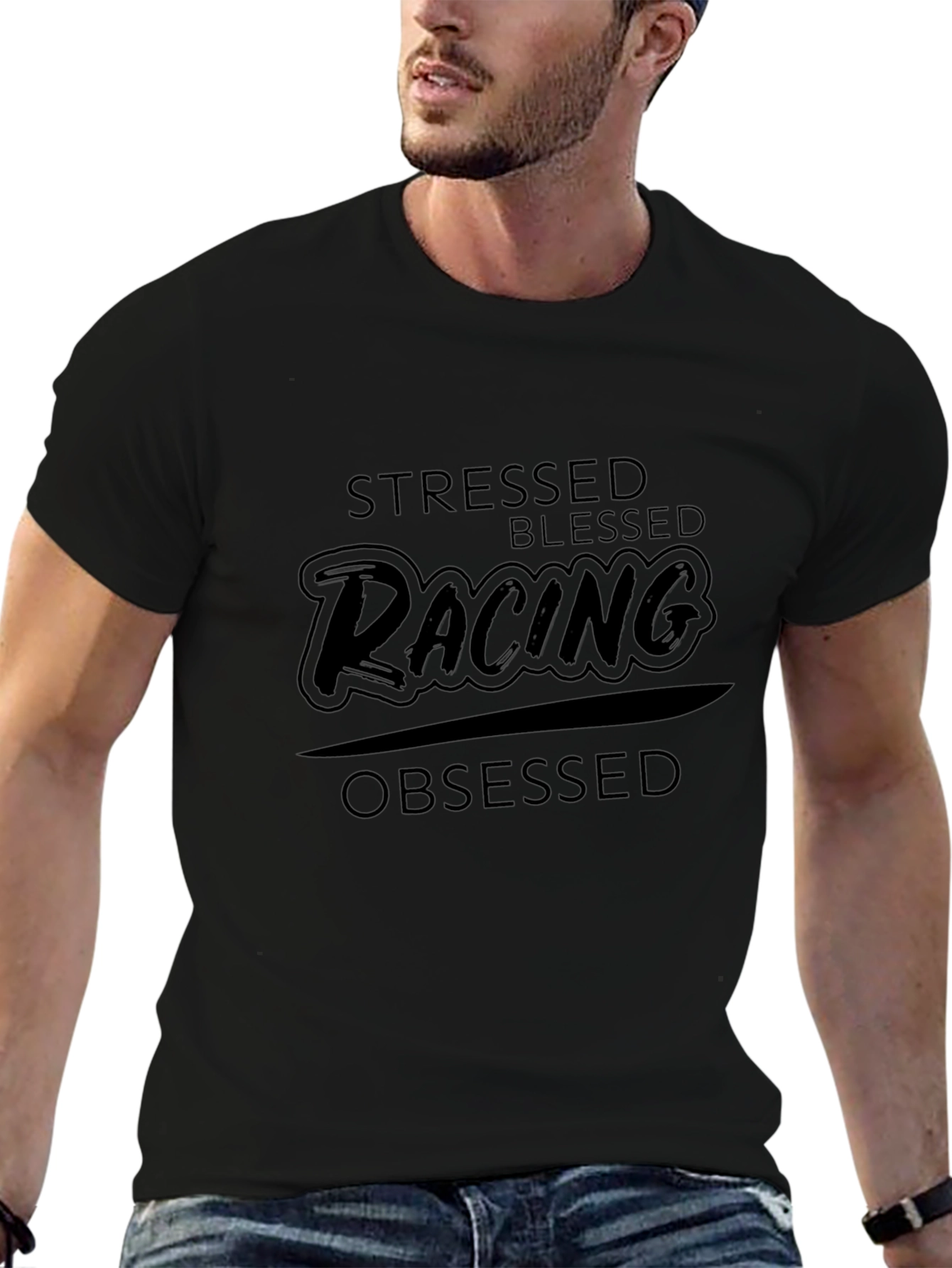 Stressed Blessed Racing Obsessed Black T-Shirt