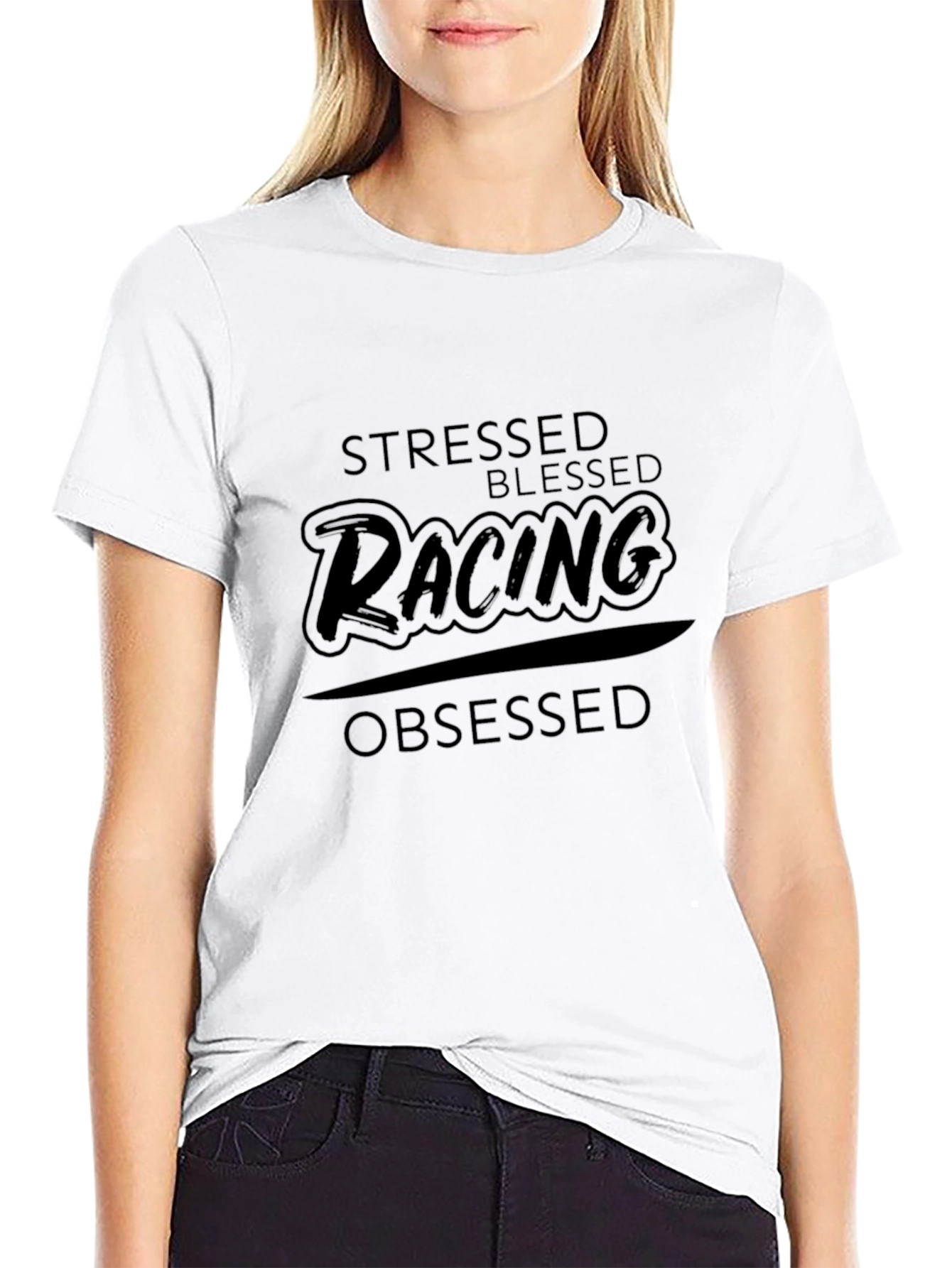 Stressed Blessed Racing Obsessed Black T-Shirt