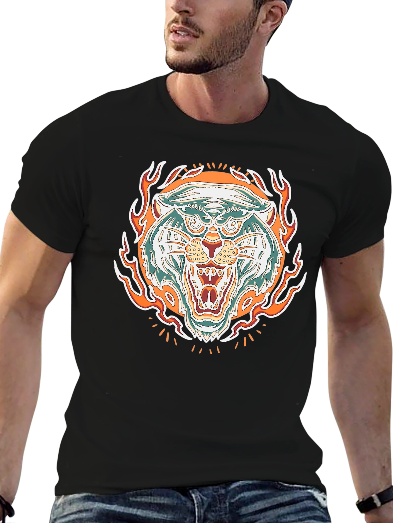 Fiery Tiger Graphic Tee - Bold Black T-Shirt