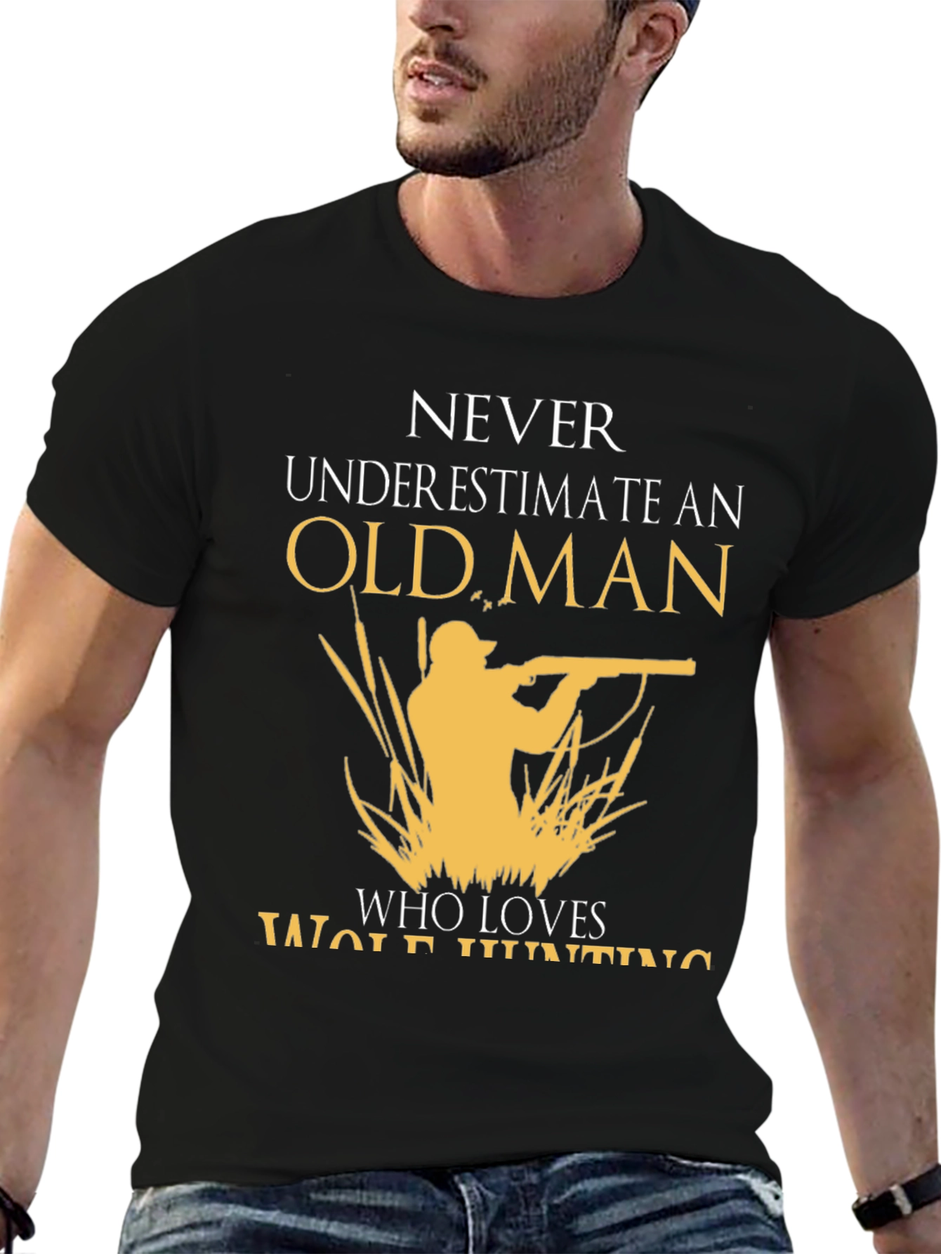 Old Man Wolf Hunting Graphic Tee - Black