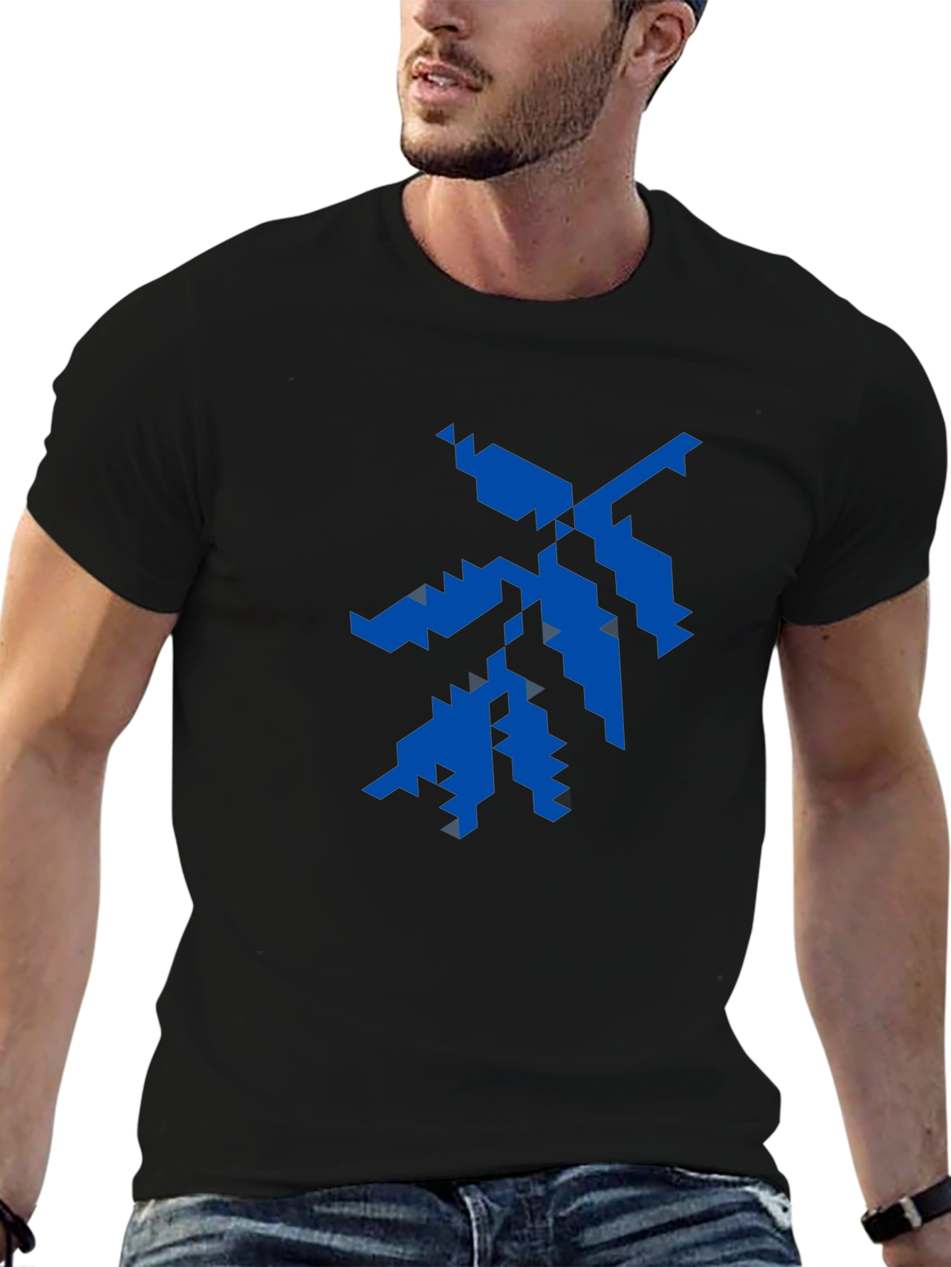 Geometric Blue Graphic Print Black T-Shirt