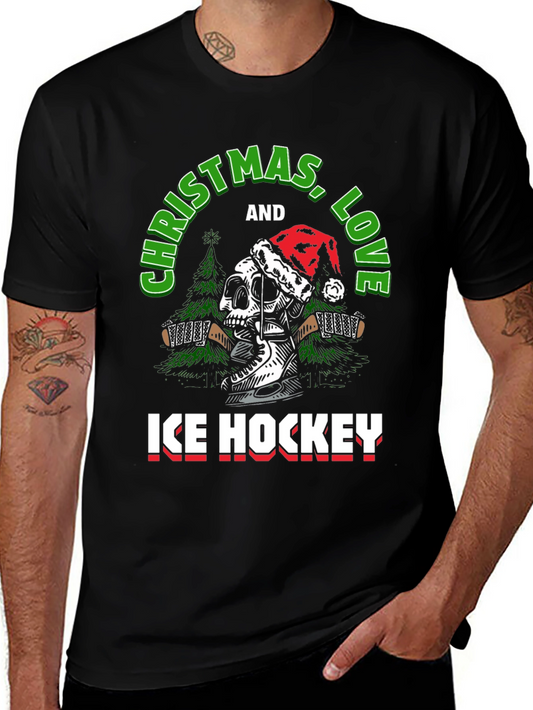 Christmas Ice Hockey Skull Graphic T-Shirt