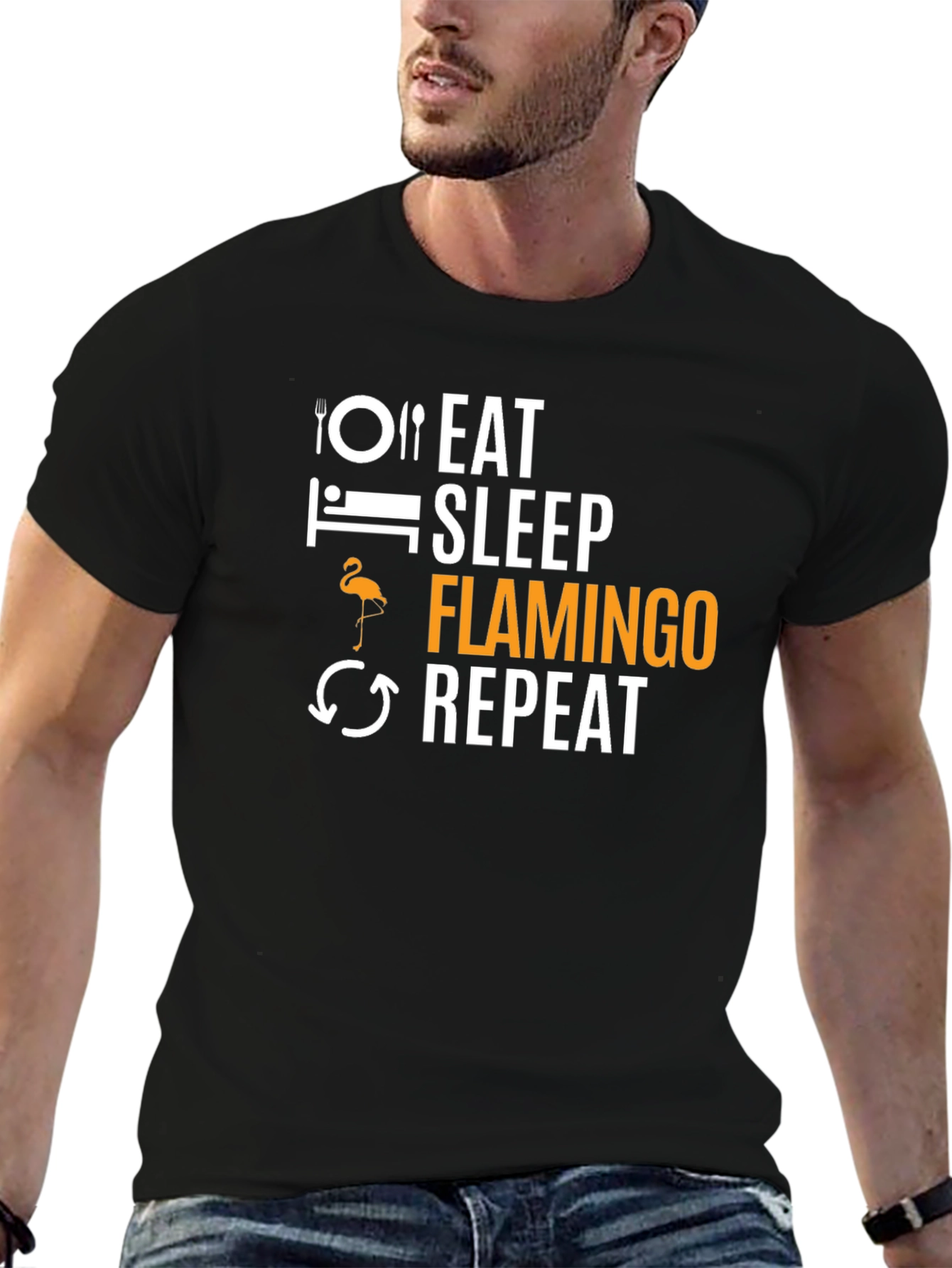 Eat Sleep Flamingo Repeat Black T-Shirt