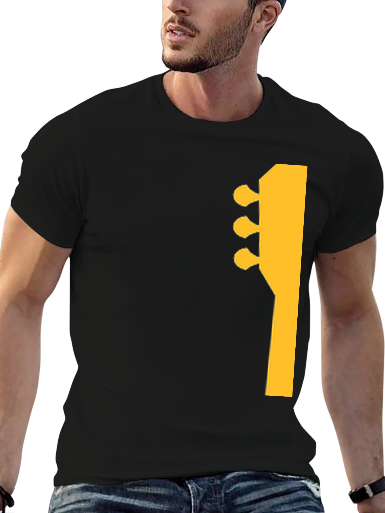 Guitar Headstock Graphic Tee - Black Cotton Casual Shirt