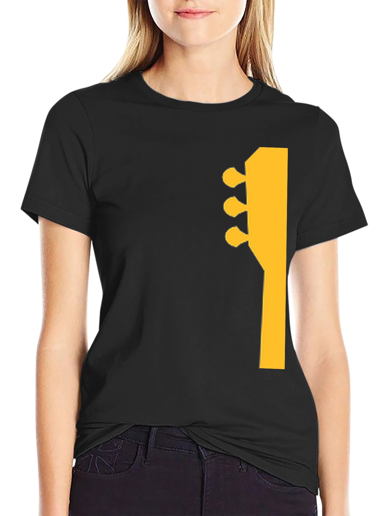 Guitar Headstock Graphic Tee - Black Cotton Casual Shirt