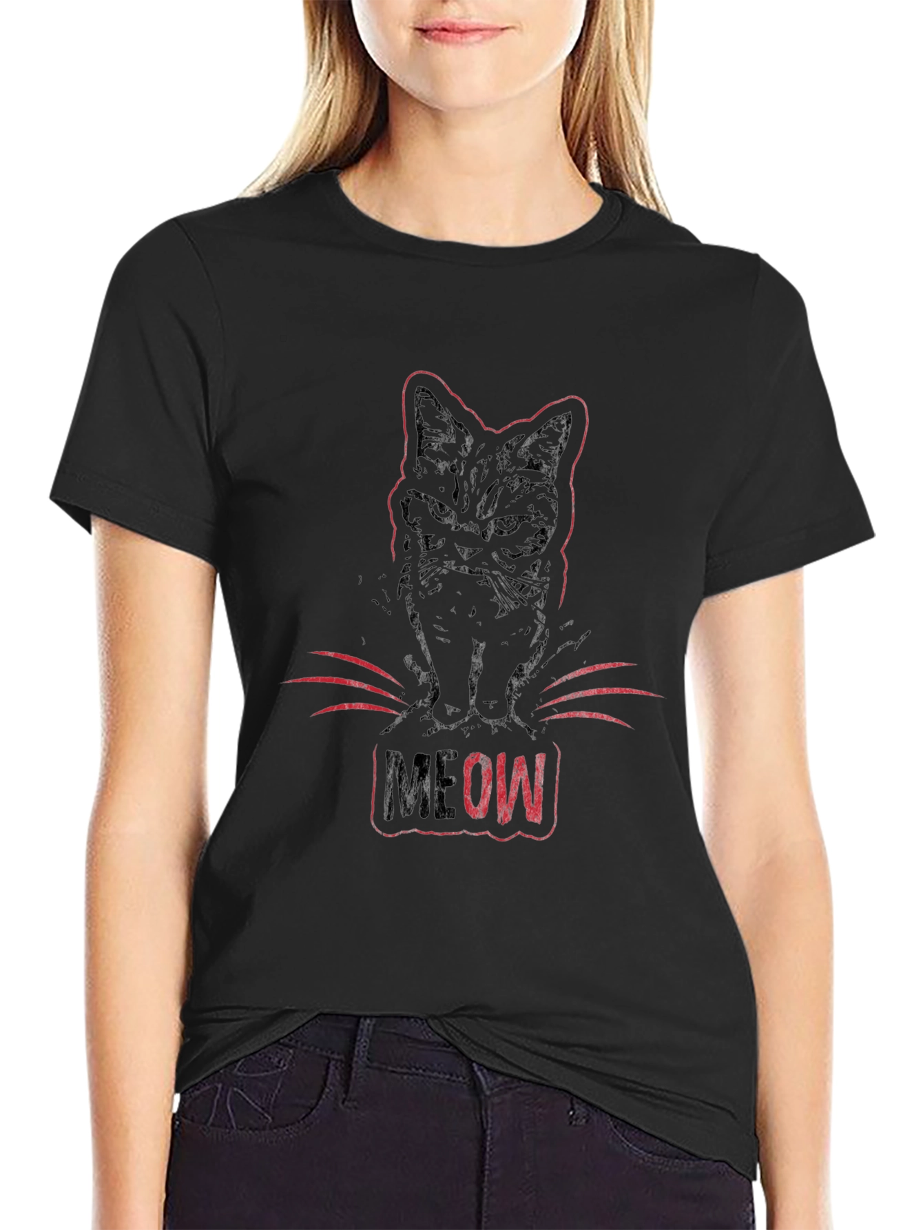 Meow Cat Graphic Tee - Black