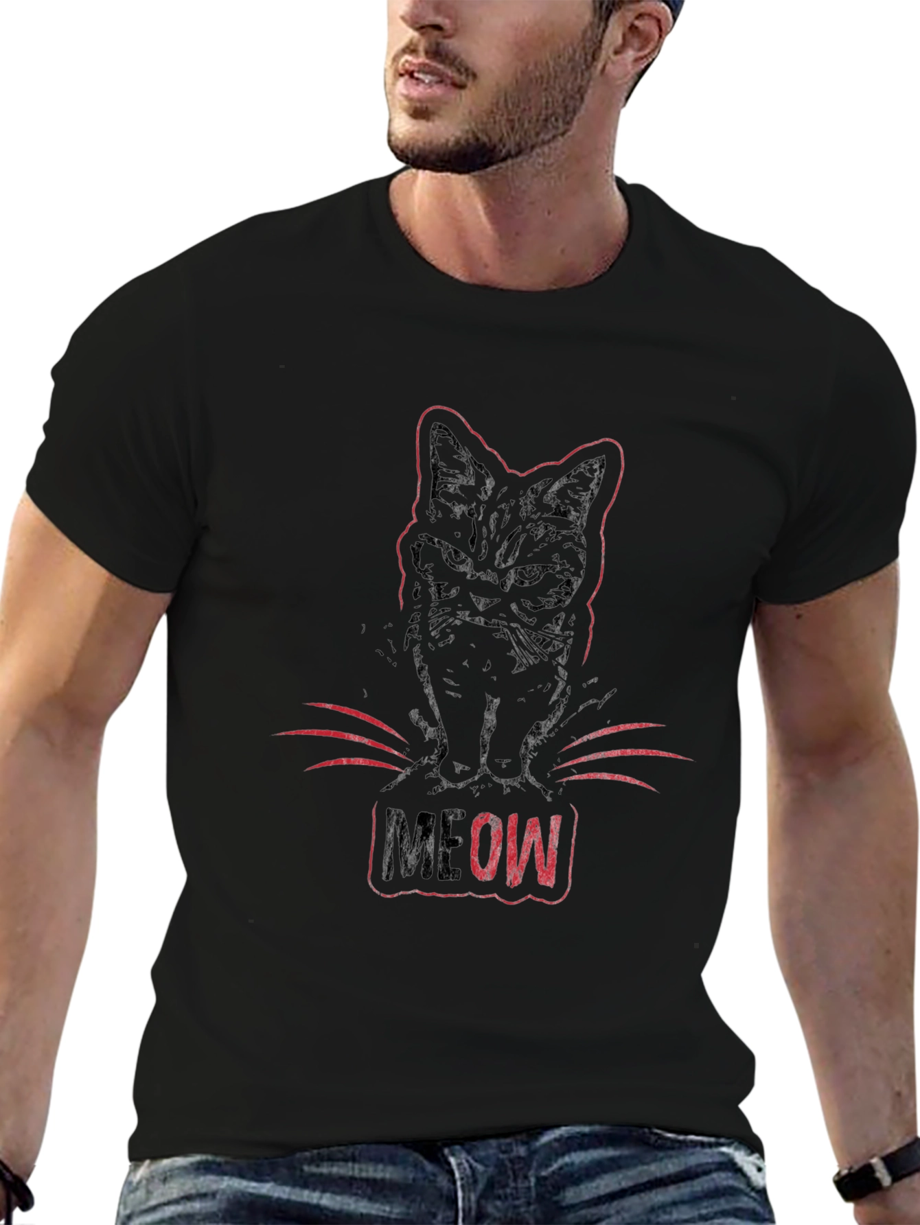 Meow Cat Graphic Tee - Black