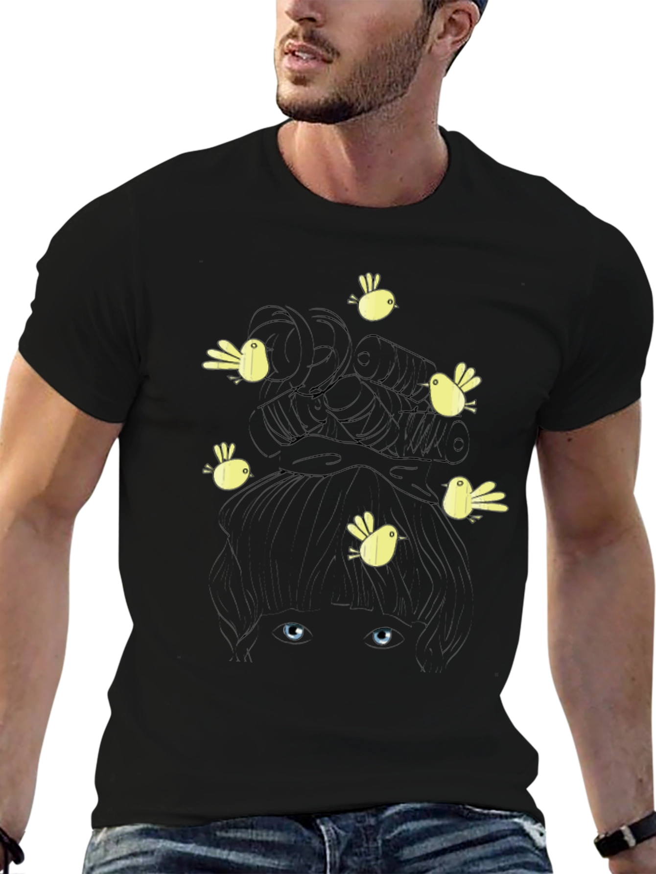 Birds Nest Hair Funny Graphic Black T-Shirt