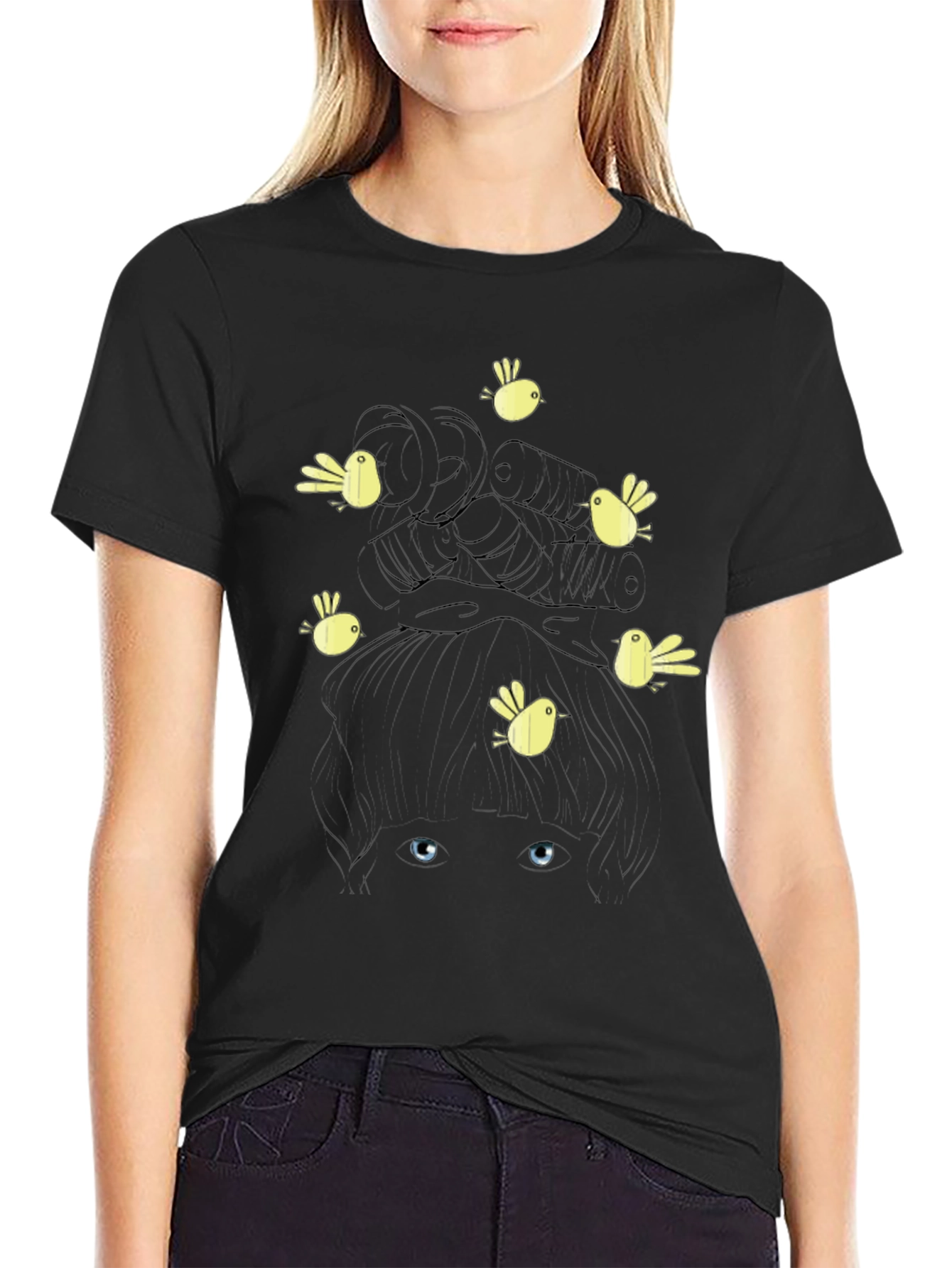 Birds Nest Hair Funny Graphic Black T-Shirt