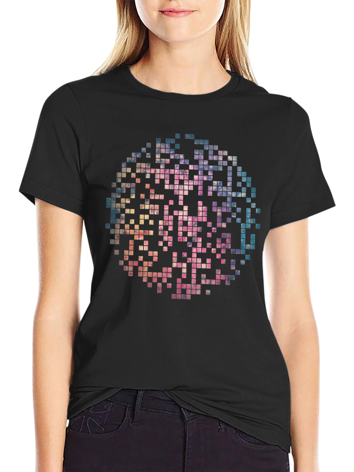 Pixelated Circle Graphic Print Black T-Shirt
