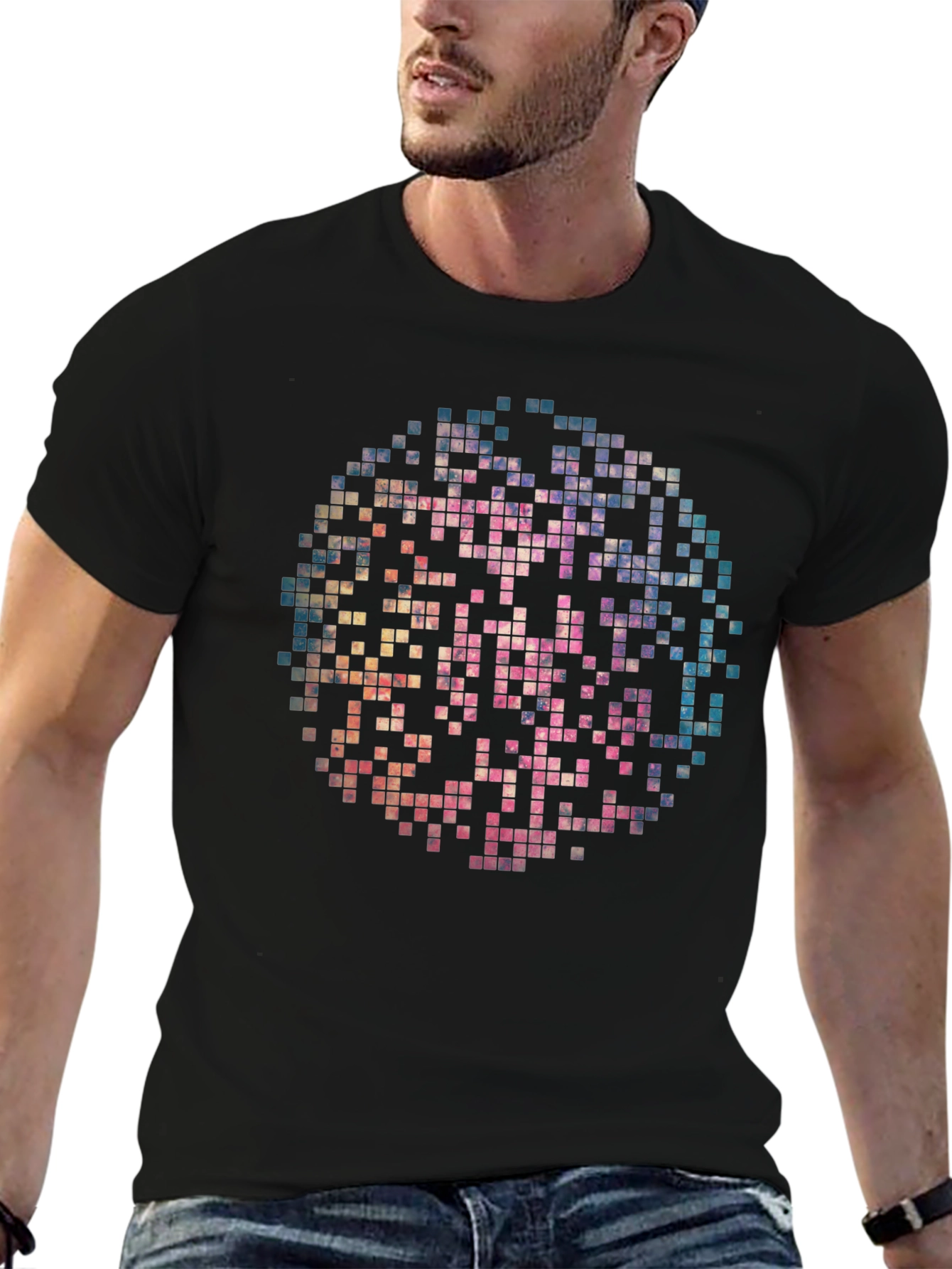 Pixelated Circle Graphic Print Black T-Shirt