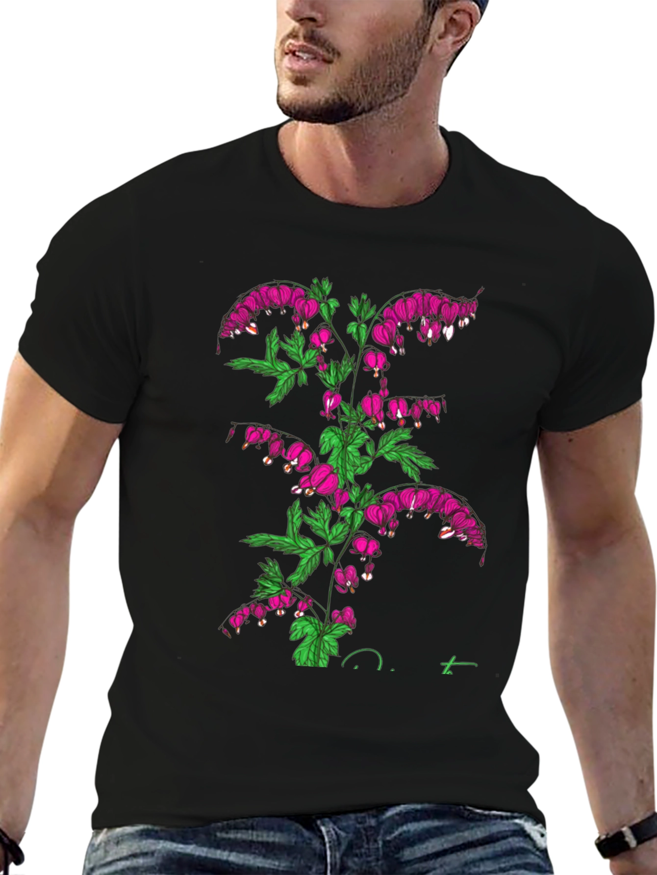 Bleeding Heart Flower Graphic Black T-Shirt