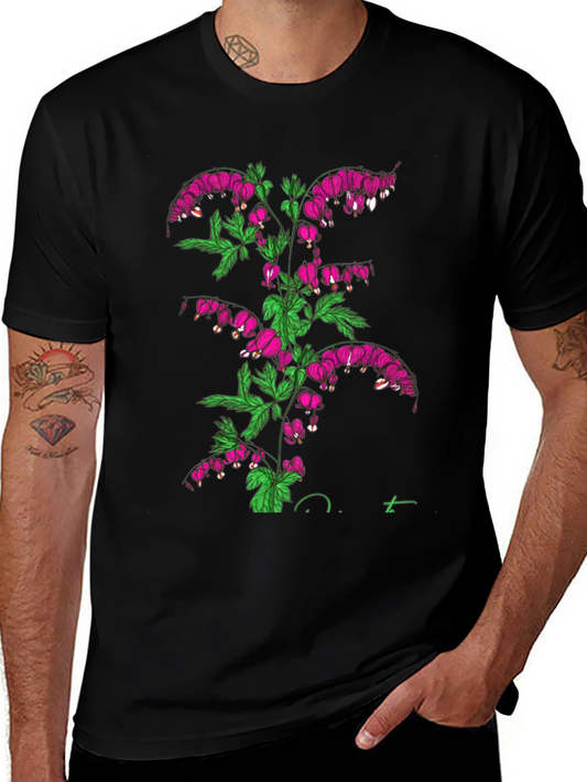 Bleeding Heart Flower Graphic Black T-Shirt