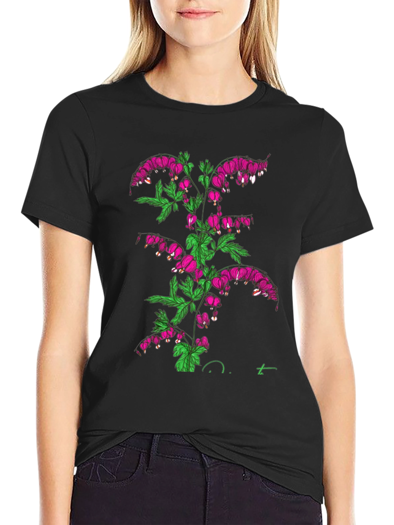 Bleeding Heart Flower Graphic Black T-Shirt
