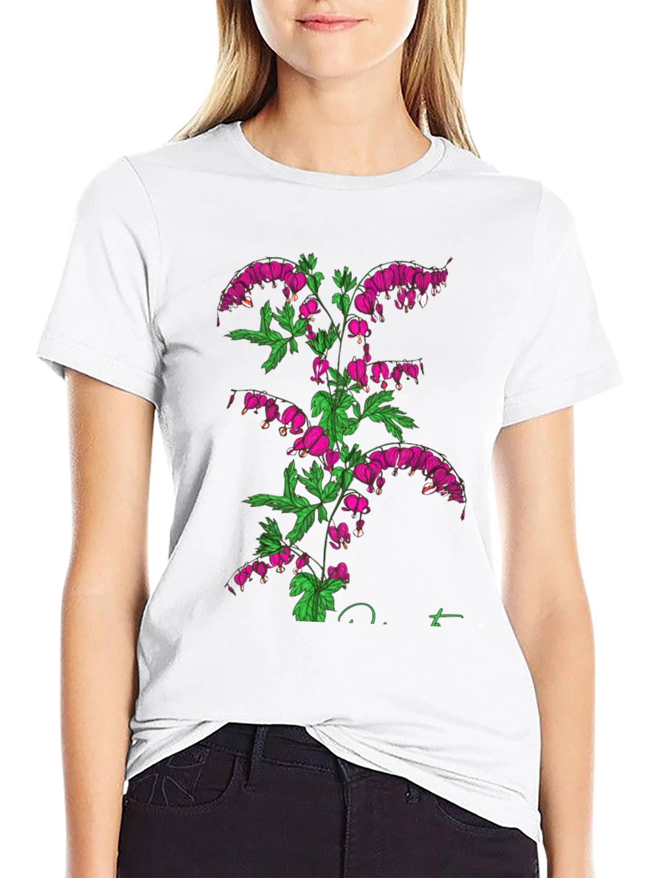 Bleeding Heart Flower Graphic Black T-Shirt