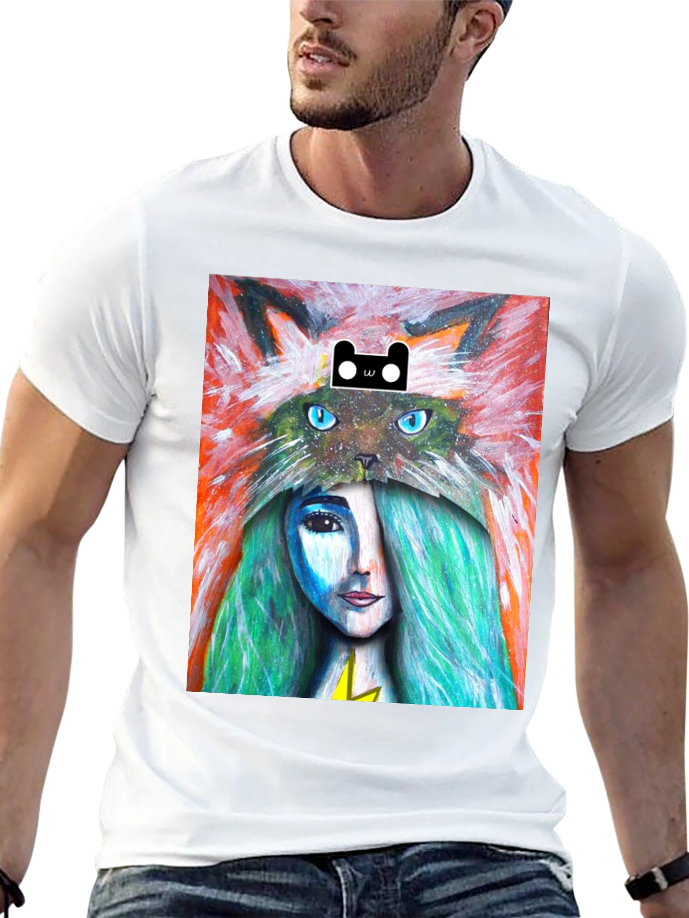 Artistic T-Shirt with Cat and Woman Design