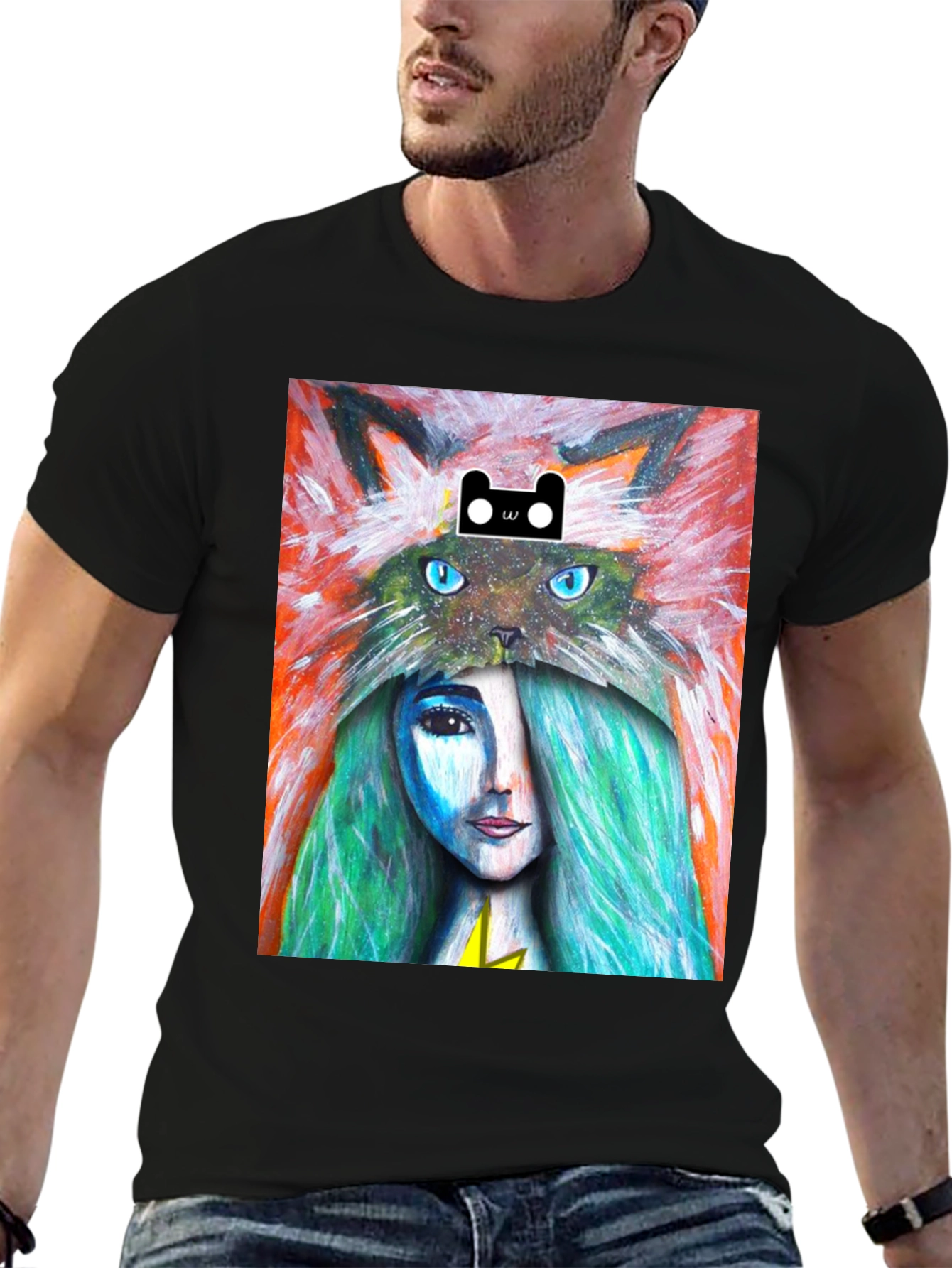 Artistic T-Shirt with Cat and Woman Design