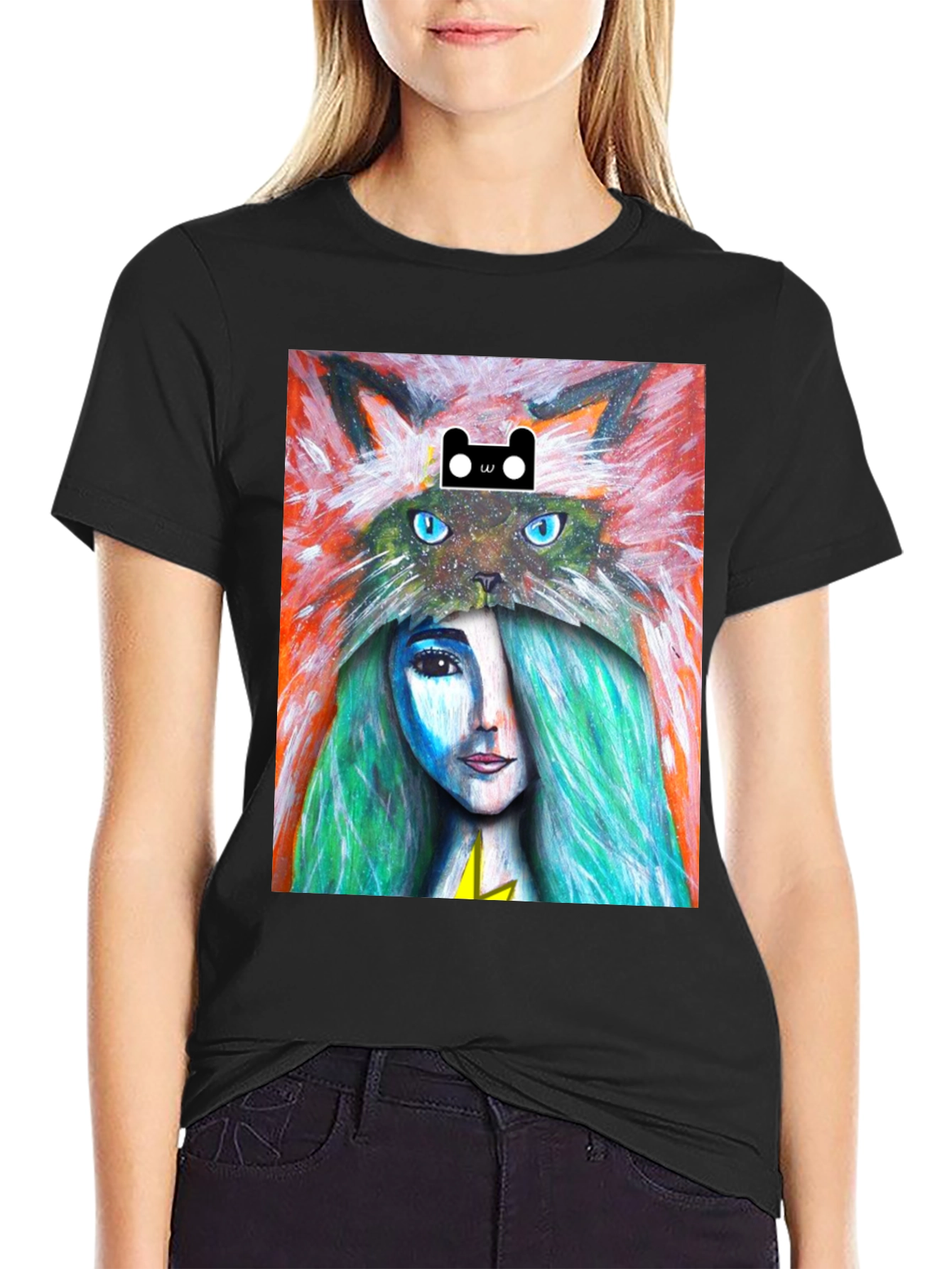 Artistic T-Shirt with Cat and Woman Design