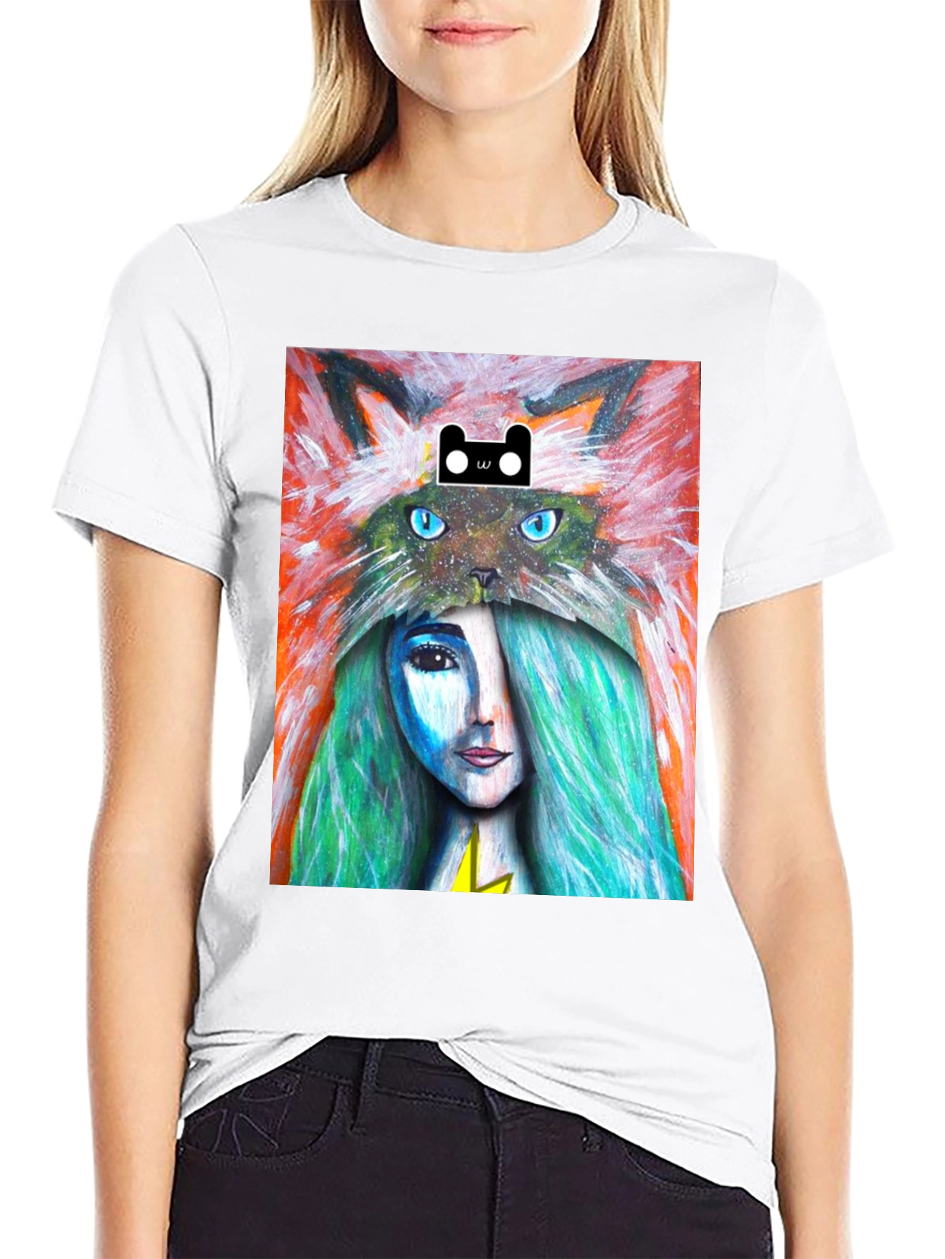 Artistic T-Shirt with Cat and Woman Design