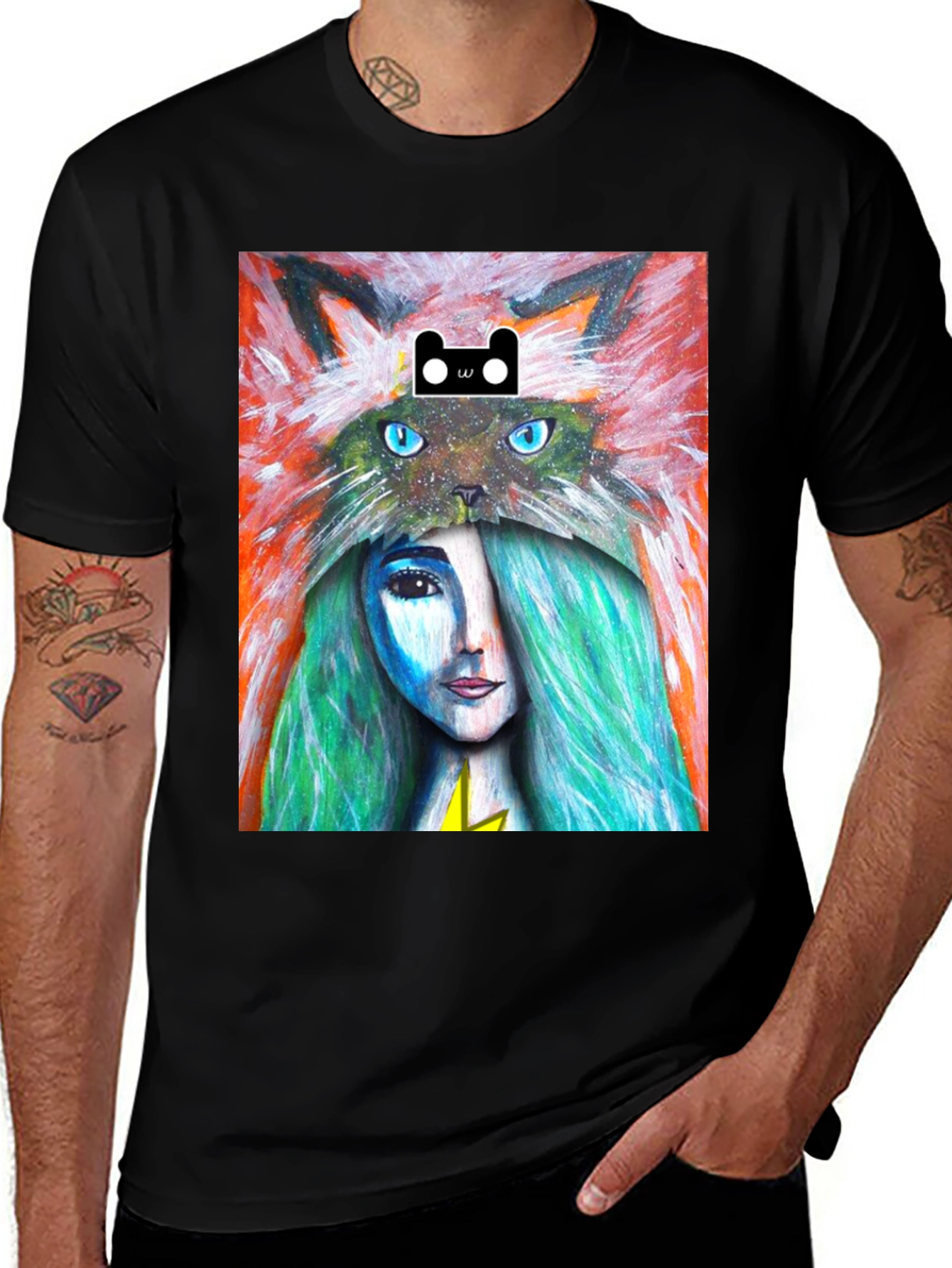 Artistic T-Shirt with Cat and Woman Design