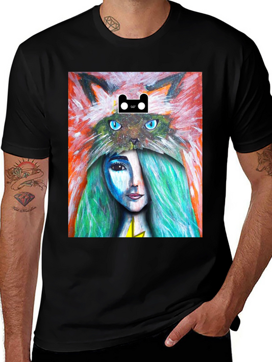 Artistic T-Shirt with Cat and Woman Design
