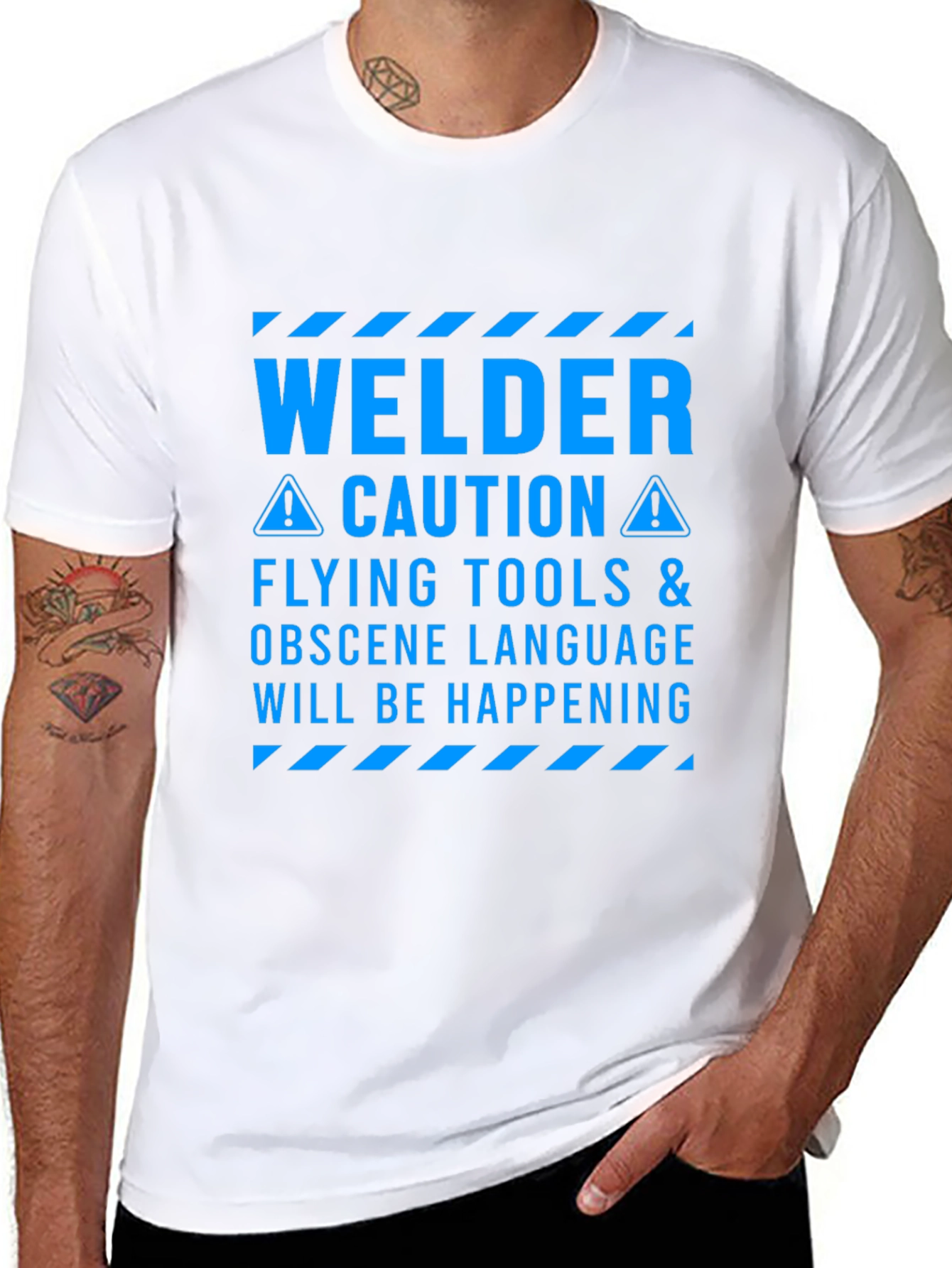 Welder Caution T-Shirt - Flying Tools & Obscene Language