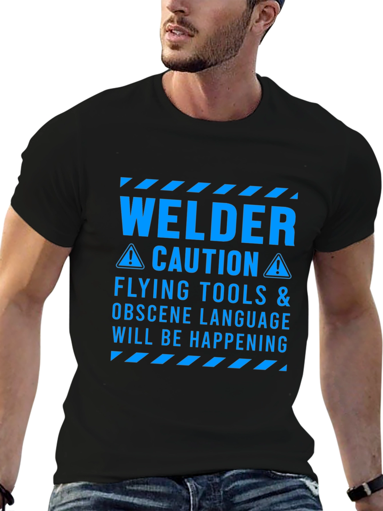 Welder Caution T-Shirt - Flying Tools & Obscene Language