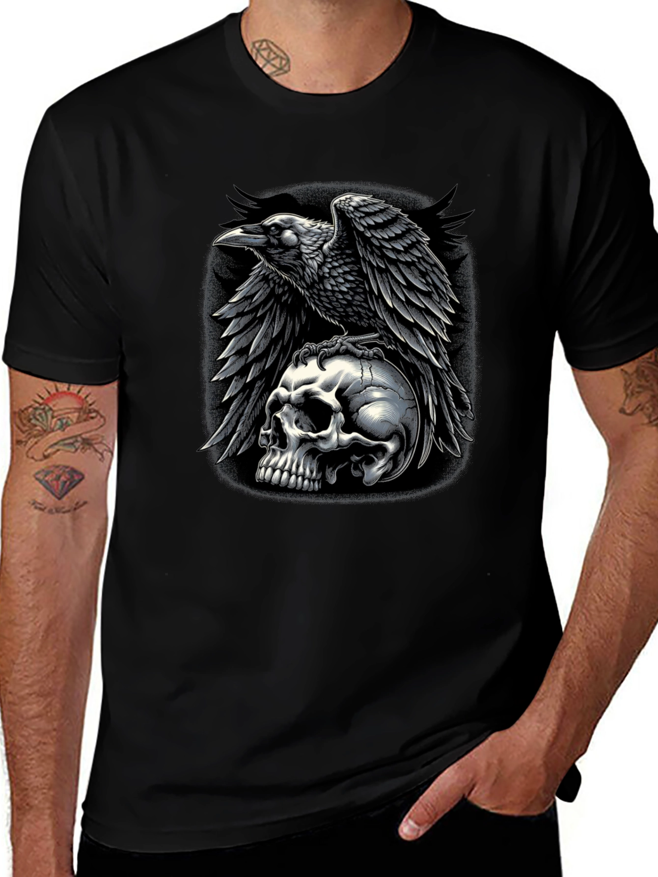Raven Skull Graphic Tee - Dark Gothic Style T-Shirt