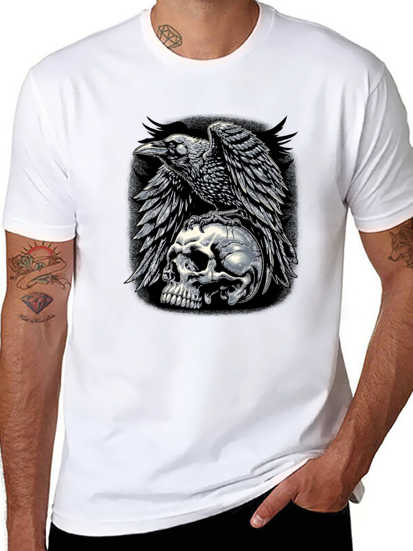 Raven Skull Graphic Tee - Dark Gothic Style T-Shirt