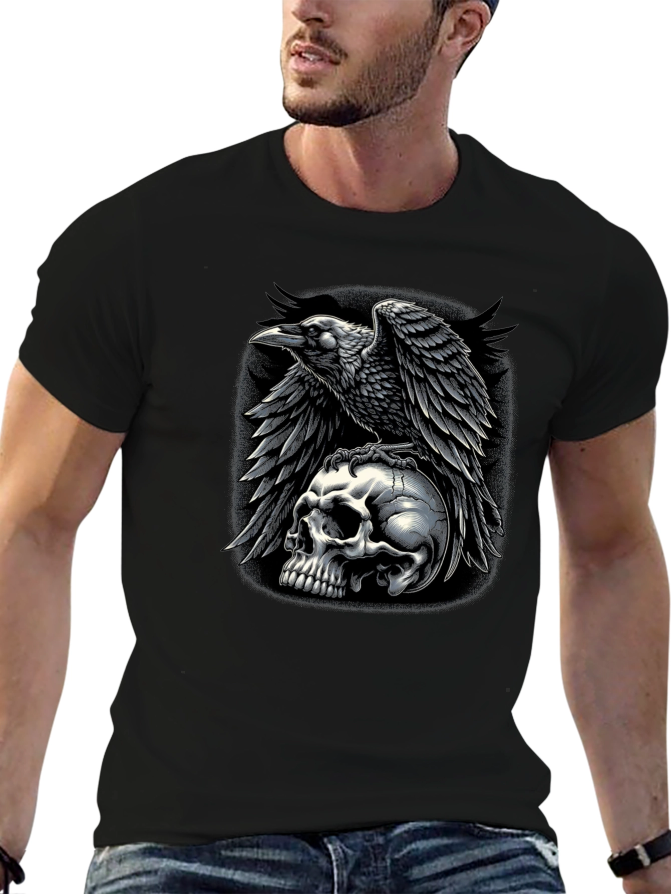 Raven Skull Graphic Tee - Dark Gothic Style T-Shirt