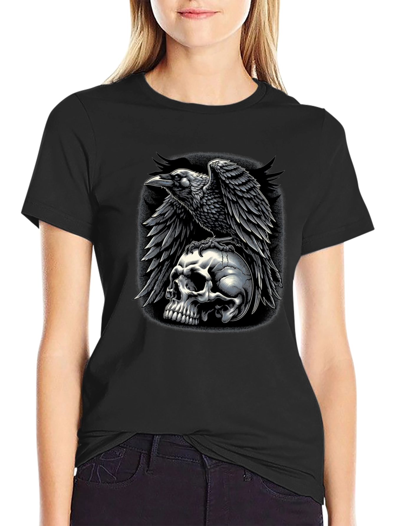 Raven Skull Graphic Tee - Dark Gothic Style T-Shirt