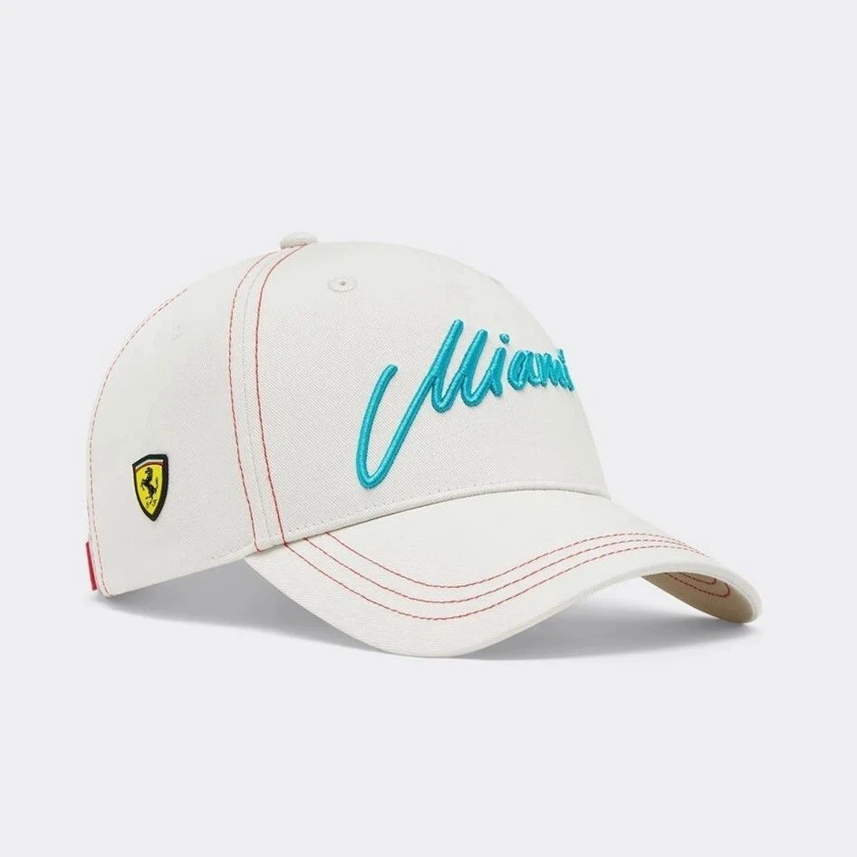 Ferrari Scuderia F1 Miami Grand Prix Adjustable Hat, White Miami Script Embroidered Cap For Racing Fans