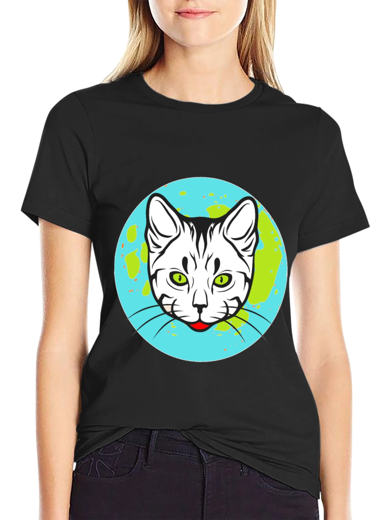 Cat Earth Graphic Tee - Black Cotton T-Shirt
