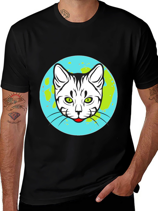 Cat Earth Graphic Tee - Black Cotton T-Shirt