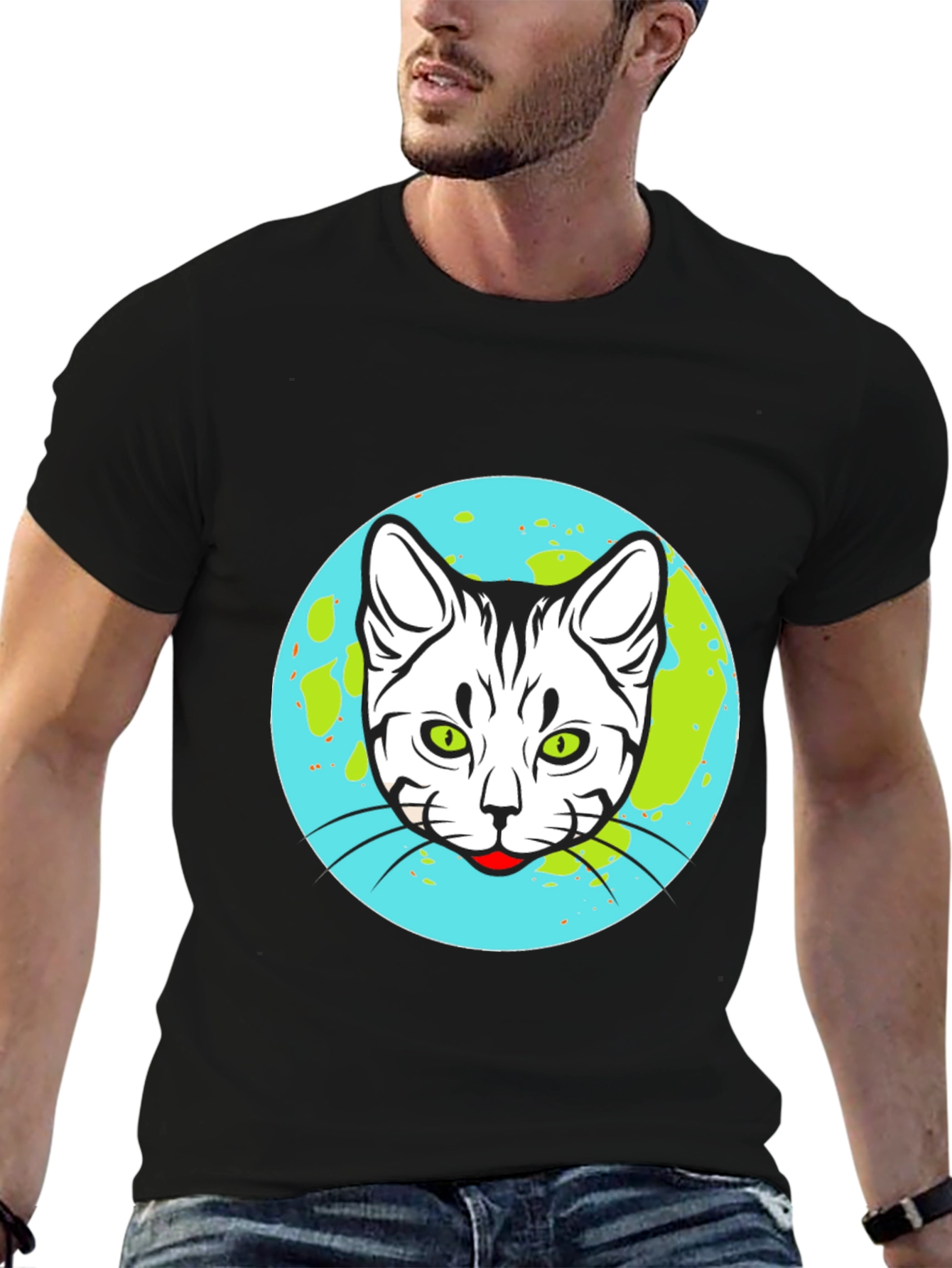 Cat Earth Graphic Tee - Black Cotton T-Shirt