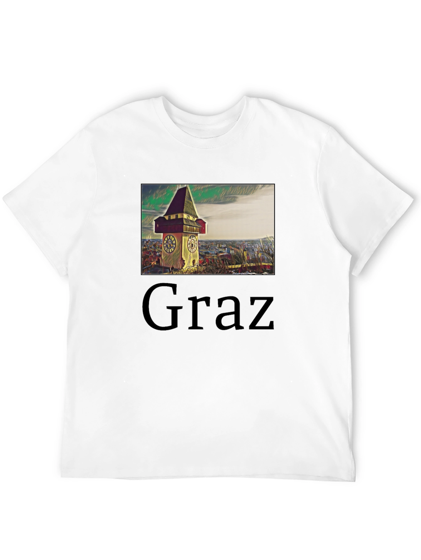 Graz Austria Clock Tower Graphic Tee - Black Cotton