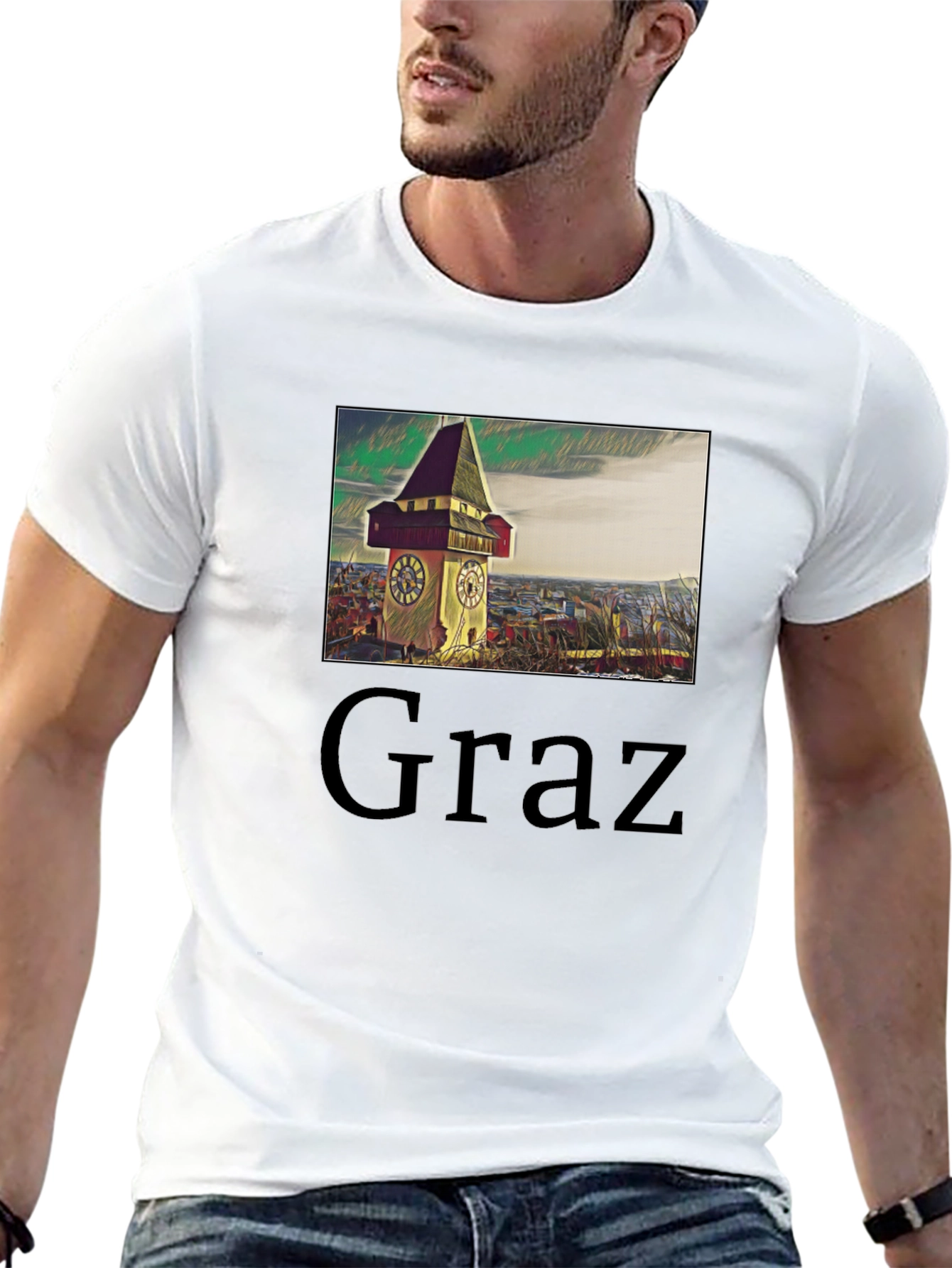 Graz Austria Clock Tower Graphic Tee - Black Cotton