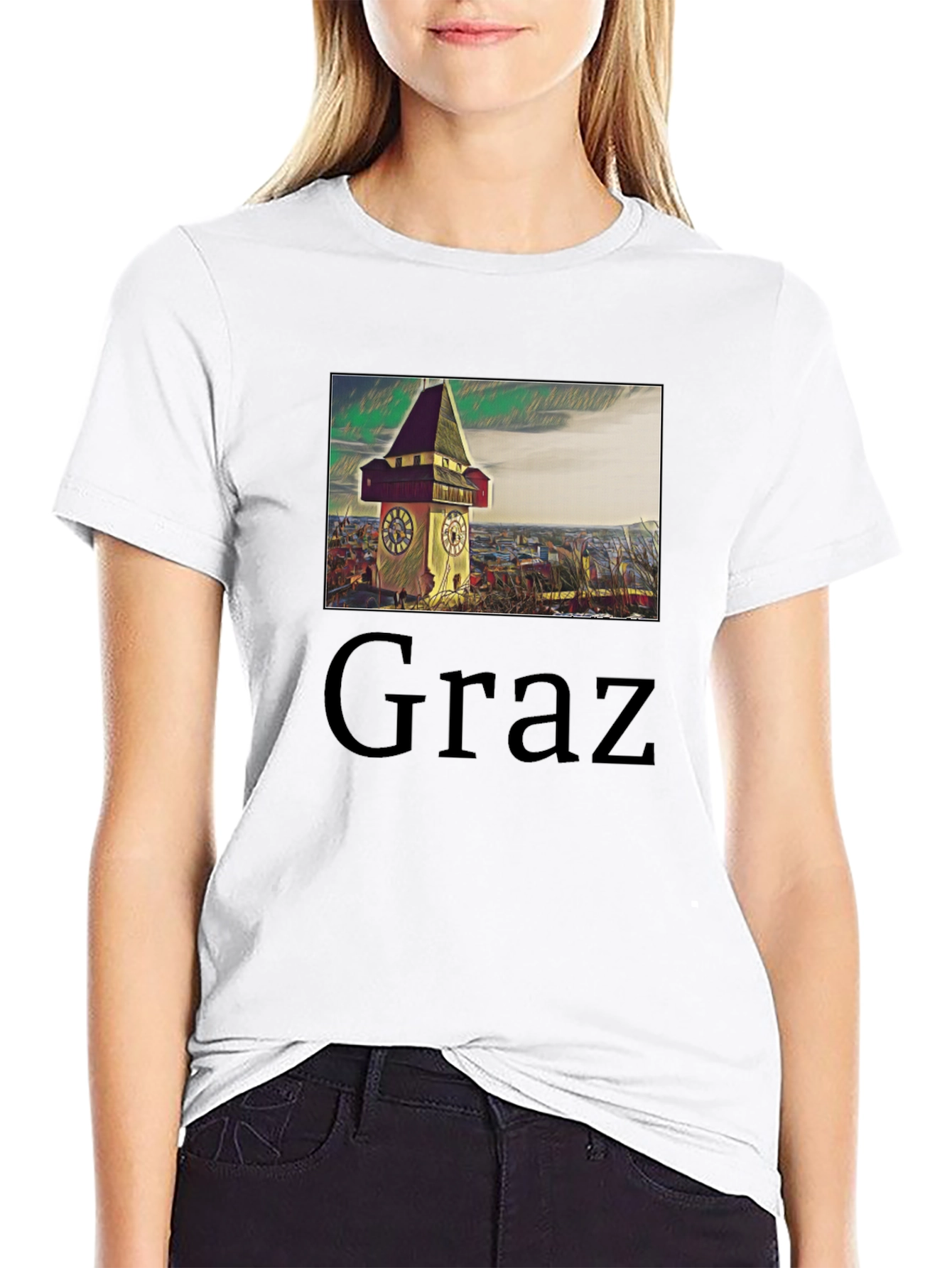 Graz Austria Clock Tower Graphic Tee - Black Cotton