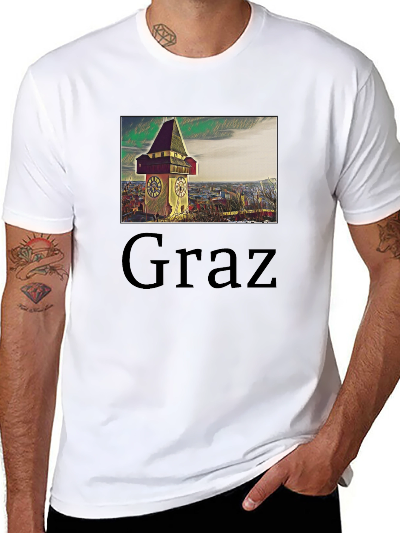Graz Austria Clock Tower Graphic Tee - Black Cotton