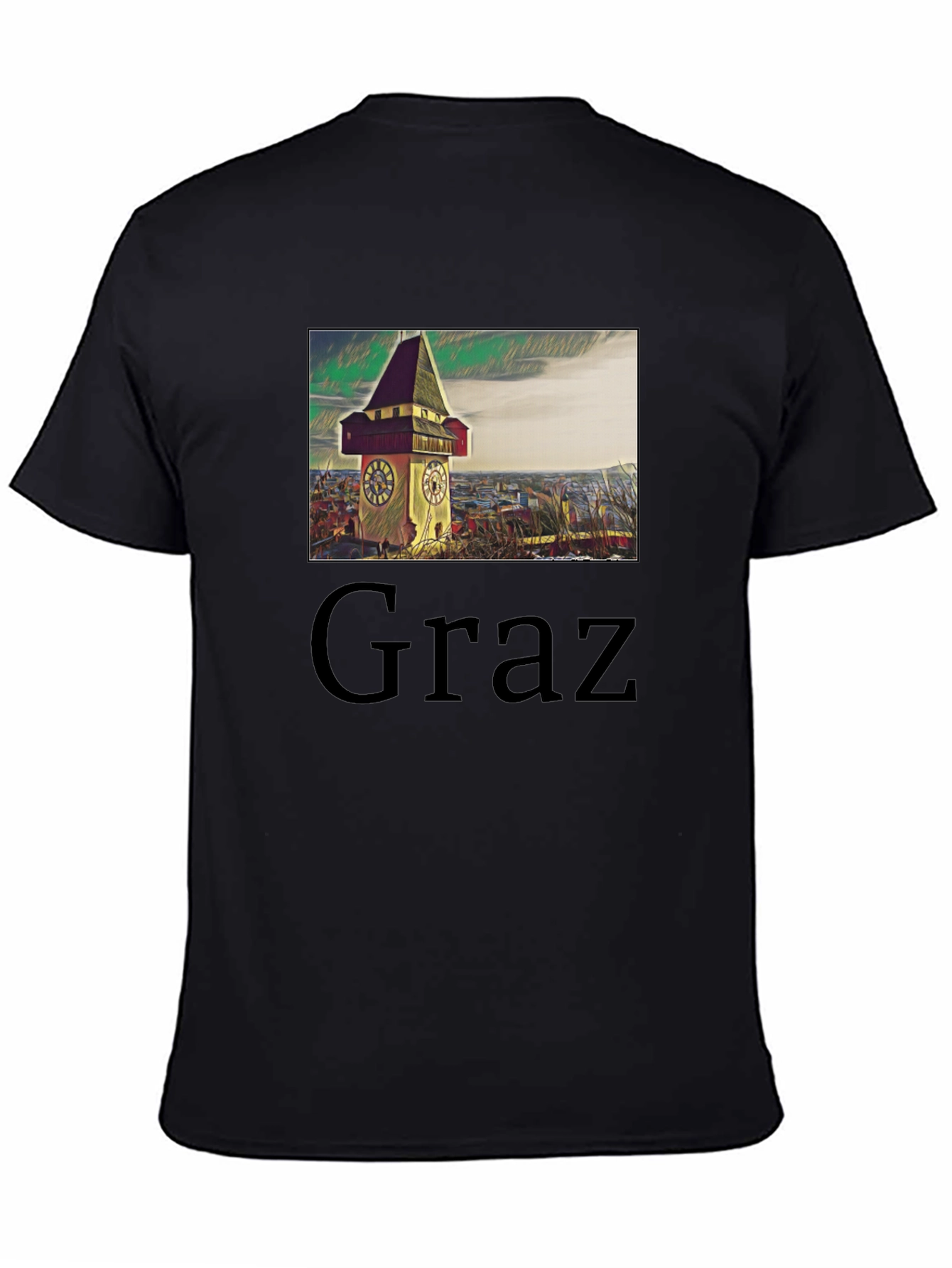 Graz Austria Clock Tower Graphic Tee - Black Cotton
