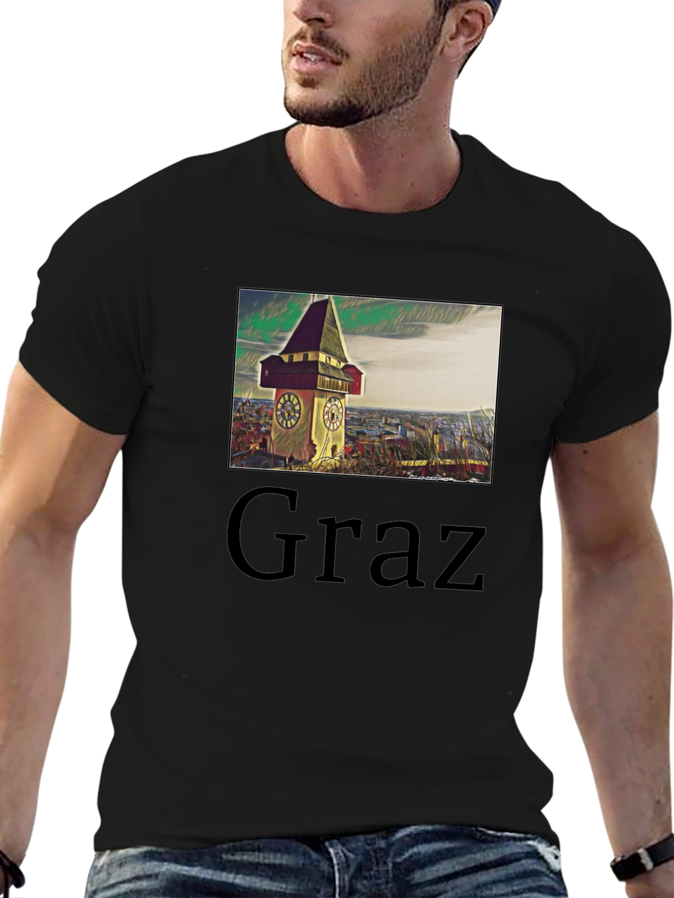 Graz Austria Clock Tower Graphic Tee - Black Cotton
