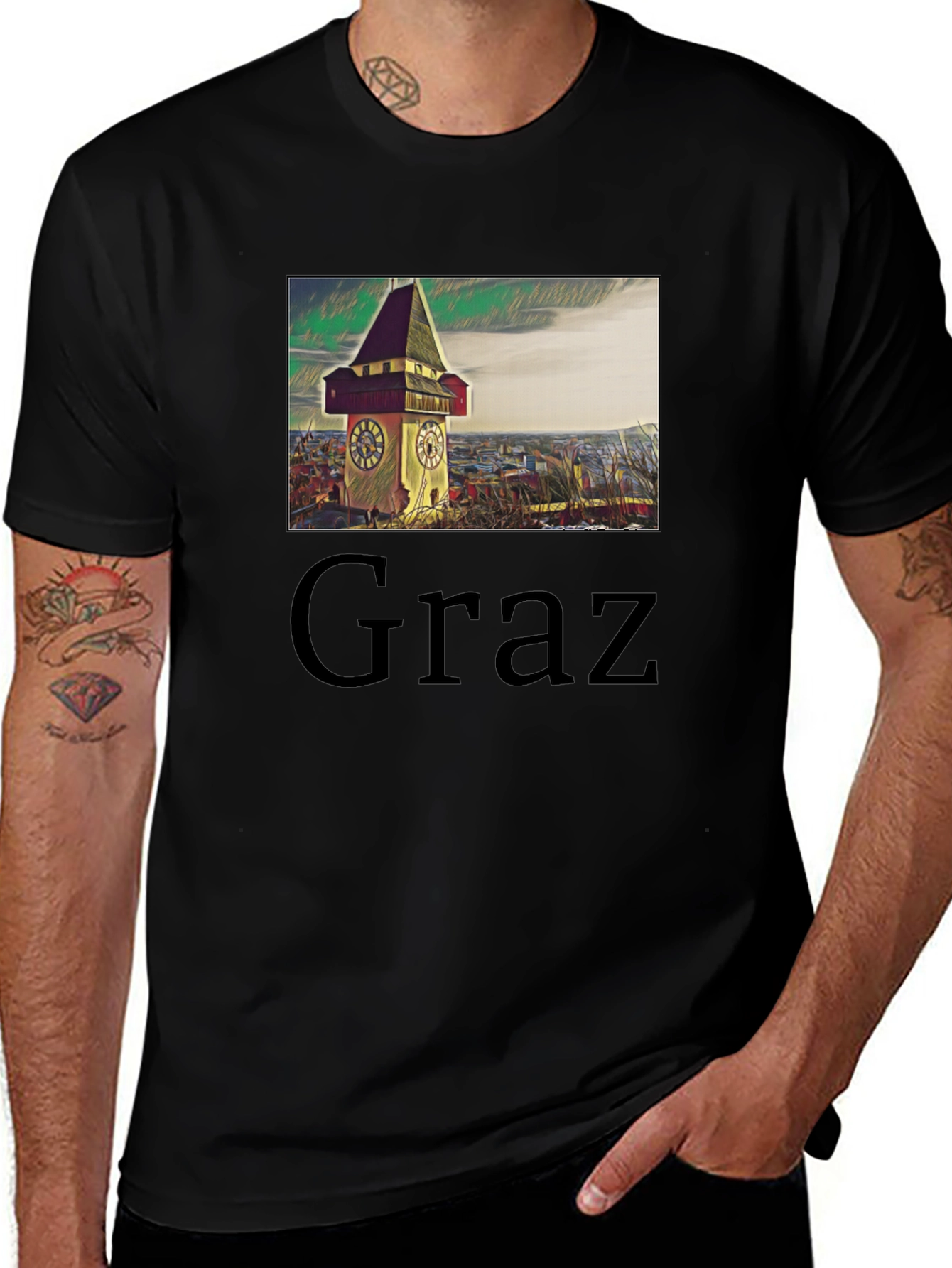 Graz Austria Clock Tower Graphic Tee - Black Cotton