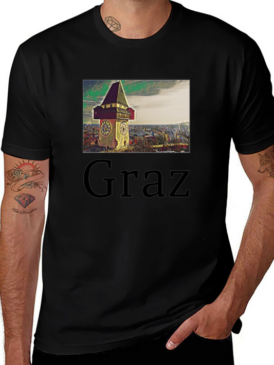 Graz Austria Clock Tower Graphic Tee - Black Cotton