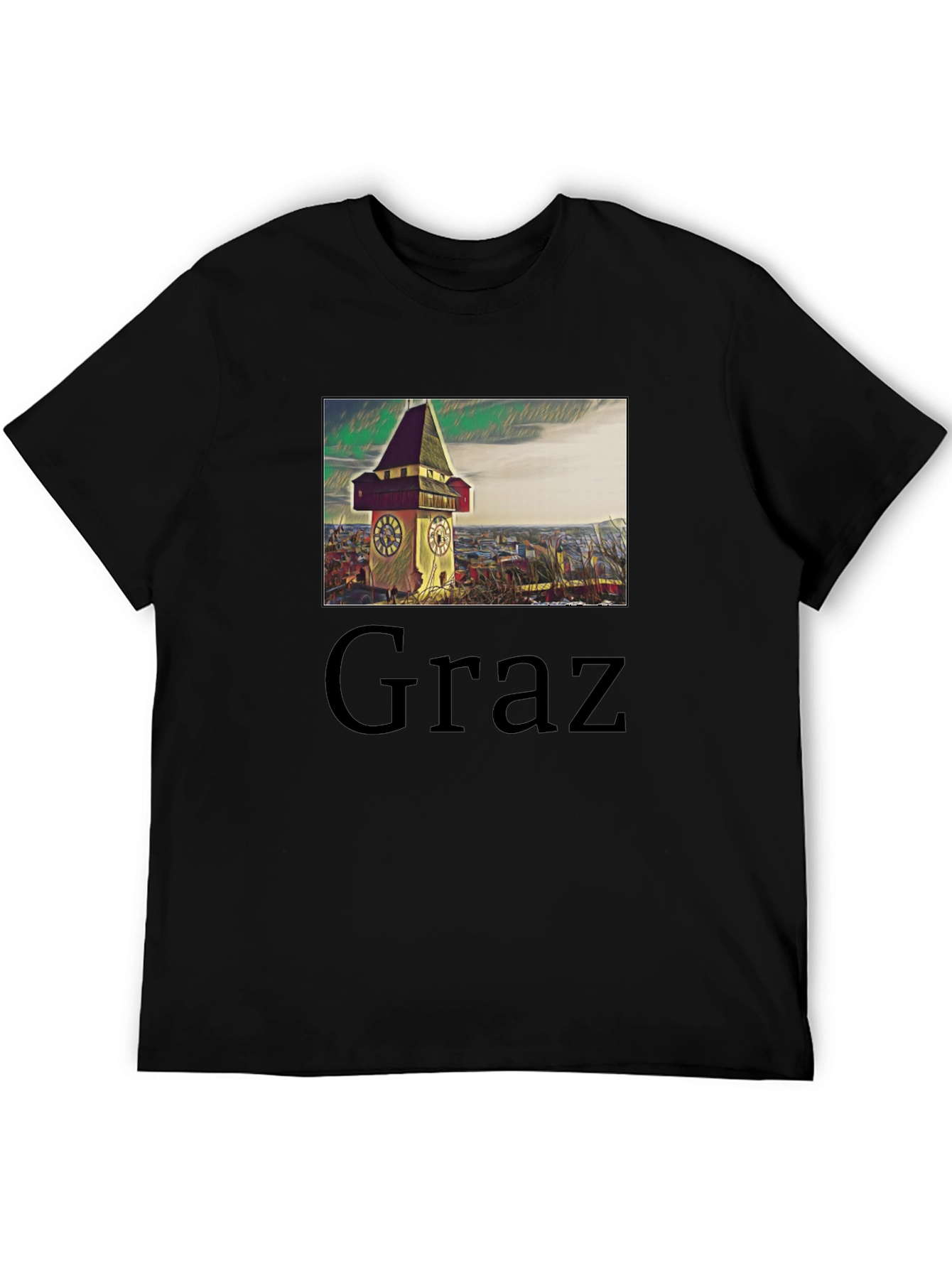 Graz Austria Clock Tower Graphic Tee - Black Cotton