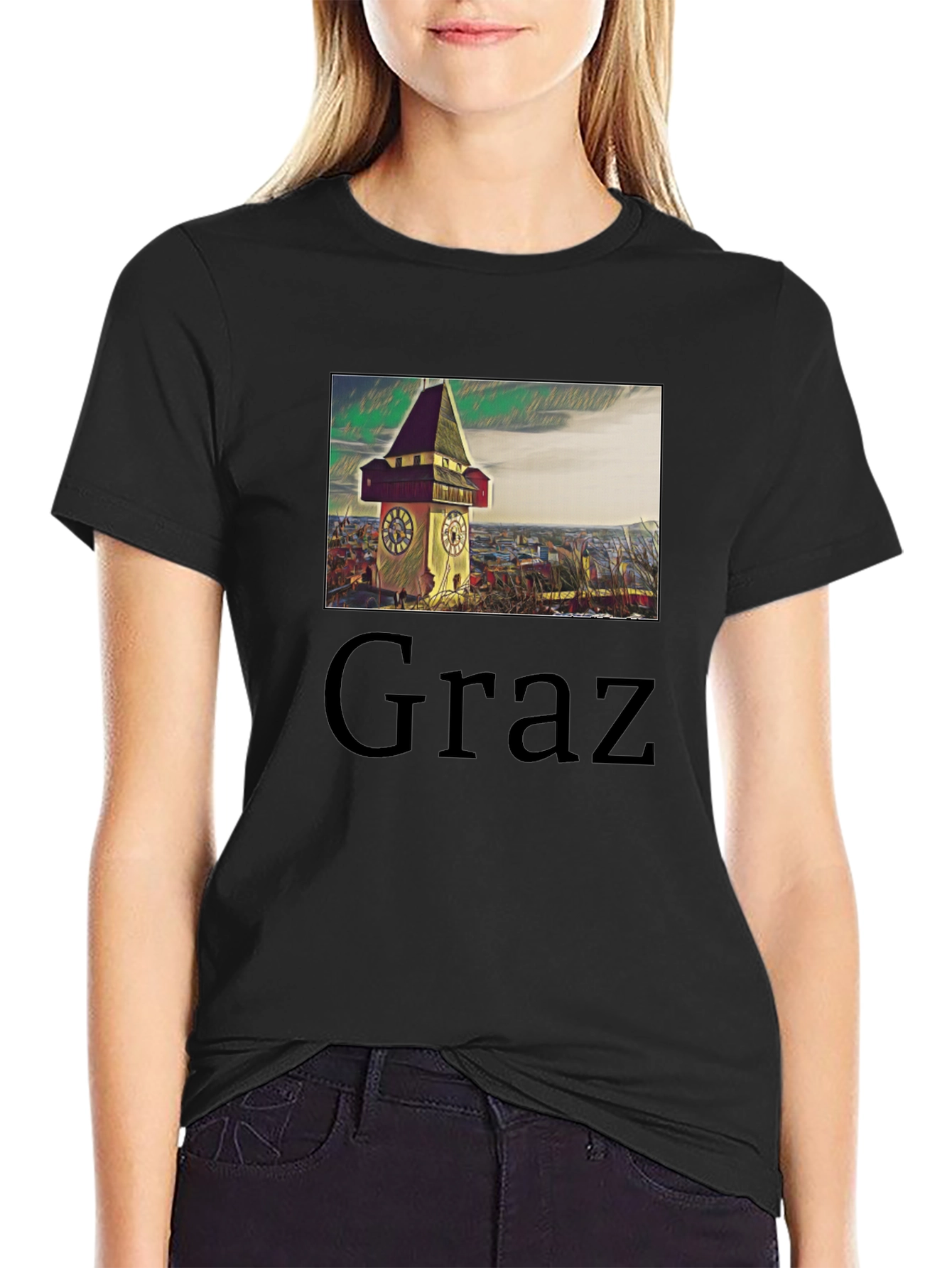 Graz Austria Clock Tower Graphic Tee - Black Cotton